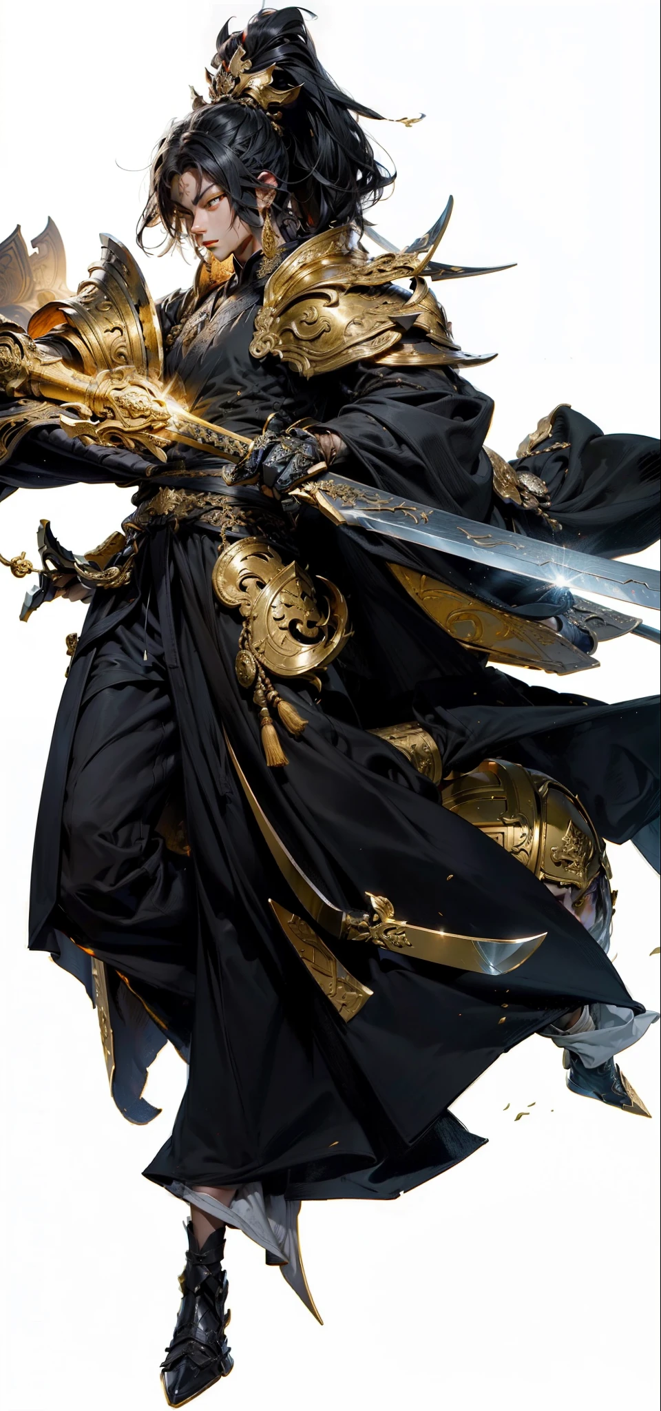 Masterpiece, ccurate, Anatomically correct, Textured skin, A high resolution, High details，Black color hair，Chinese fighter, delicated face, kaftan, long white robe,black toga， A gourd hangs from the waist, Handsome, Full body view，standing on your feet,（White background：1.3），Sword Fairy，With a long sword in his hand，Face the lens，Gold armor，(eye closeds:0.8)，（Blackn clothes：08）