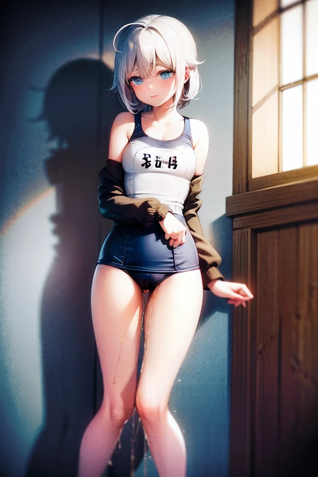 1girl, 1 girl is taking to lavatory, looking away, standing, embarrassed, blush, Keep one's mouth shut, (Masterpiece, Slim Body, Delicate Fingers: 1.2), Best Quality, (Illustration: 1.2), (Hyper Detail), Eye Focus, Ultra Detail, (Fine Detail), (Intricate Detail), HDR, (Ultra Detail: 1.15), (Soft Light: 1.2), Very detailed eyes, girl, White hair, blue highlights, cyan left eyes, blue right eyes, ager,(school swimsuit:1.3), costume with blue accents, short hair, solo, ahoge, butterfly, thigh straps, large breasts, mismatched pupils, multicolored eyes, high quality, best quality, shy expression, blush face, erotica, embarrassed, camel toes, wet body, street (girl leaking pee)