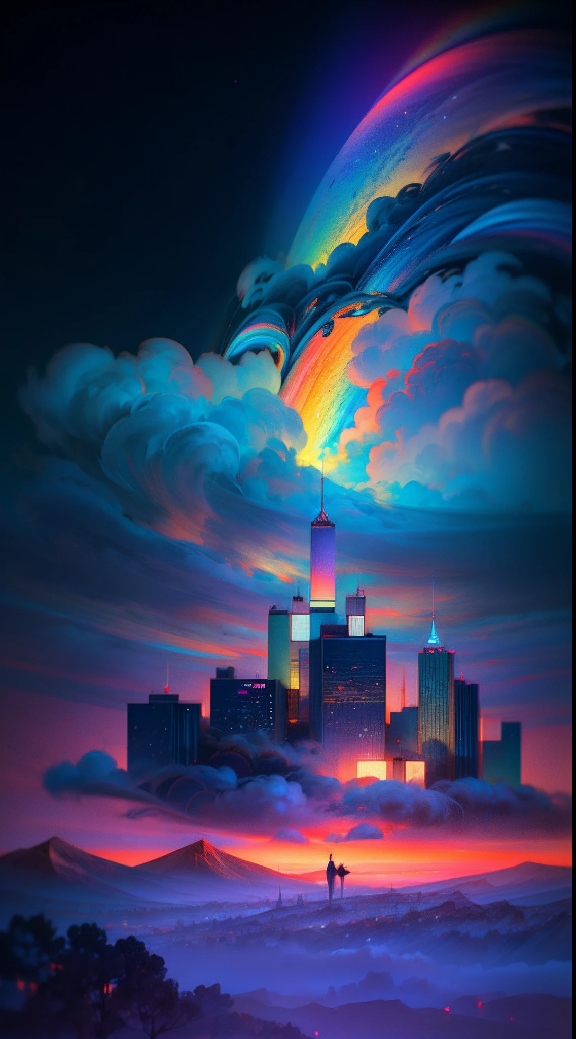 ((Rainbow Daytime Sky))、Anime girl looking at big city landscape,Near Future City、 makoto shinkai cyril rolando, anime art wallpaper 4k, anime art wallpaper 4k, Anime art wallpaper 8k, inspired by Cyril Rolando, in the style dan mumford artwork, amazing wallpapers, by Yuumei