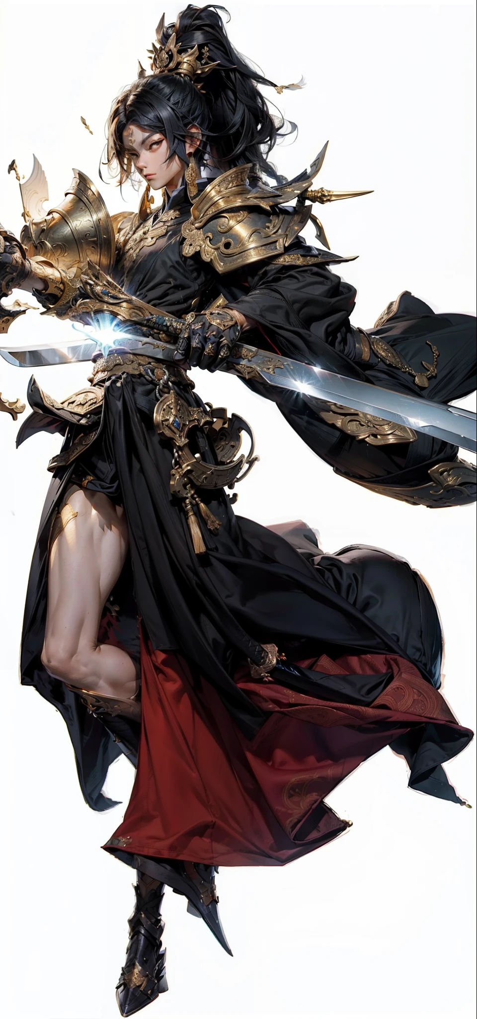 Masterpiece, ccurate, Anatomically correct, Textured skin, A high resolution, High details,Black color hair,Chinese fighter, delicated face, kaftan, long white robe,black toga, A gourd hangs from the waist, Handsome, Full body view,standing on your feet,(White background:1.3),Sword Fairy,With a long sword in his hand,Face the lens,Gold armor,(eye closeds:0.8),(Blackn clothes:08)