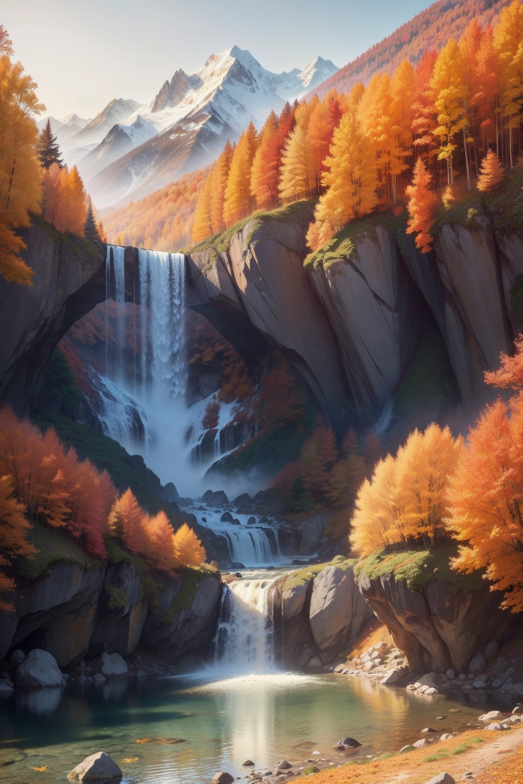(autumnal, great outdoors:1.2), Quiet, landscape, Golden leaves, red colour, orange colors, amarelo, maple leaves, Far Mountain, beautifuldetails, Cascading mountains, rivulets, waterfallr, Clear water, Small bridge in the distance, blue-sky, baiyun, light wind, ((A masterpiece of nature)), ((Details of distant mountains))