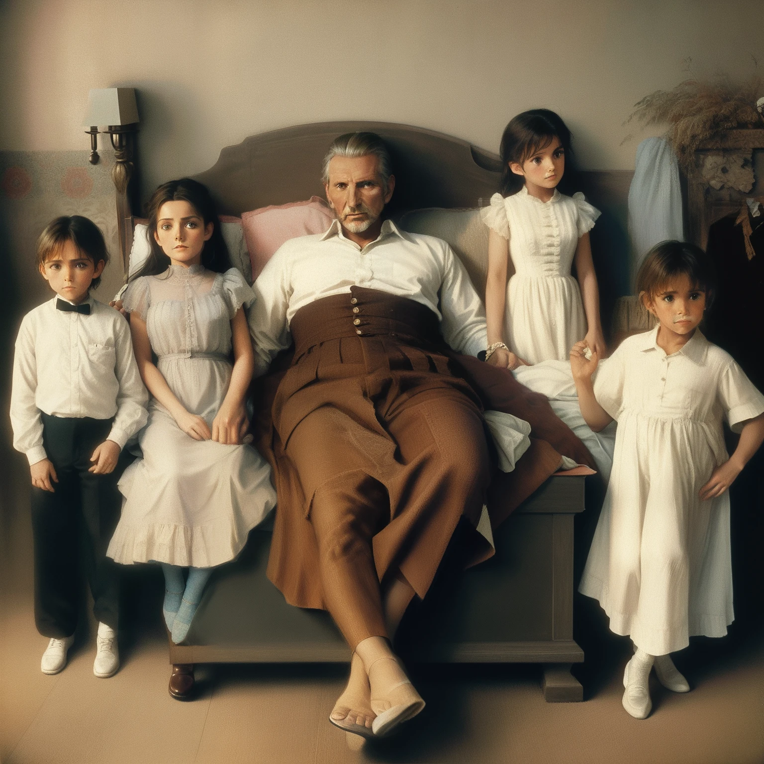 Em 1890, Portrait of a man lying in bed with children and a woman, Directed by: René Auberjonois, Directed by: Morris Kestelman, Directed by: Stevan Dohanos, Directed by: Bob Byerley, fotorealista , cinematic