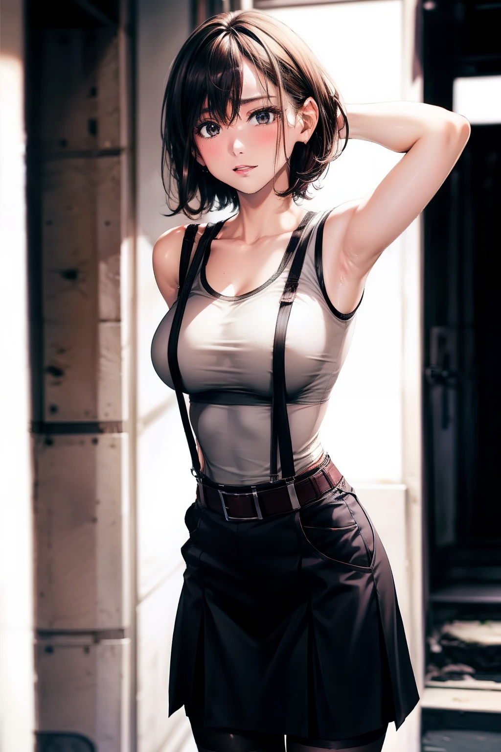 skirt by the, Tank Tops suspenders, Brown hair short, Gray eyes, Garter belt on the legs, Big and tight clothes, a belt Armpit sweat deadpan