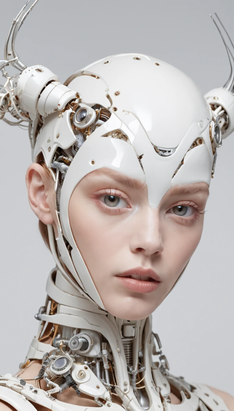 Avant-Garde Fashion Photography: female, porcelain skin, solarpunk, van Gogh influence, piercing amber eyes, portrayed as a sleek, organic robot, futuristic, surrealistic, ultra-high-definition, meticulously detailed, 8k by Tim Walker --ar 2:3.