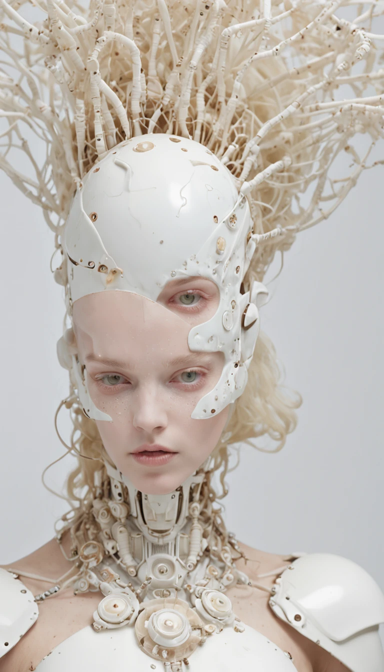 Avant-Garde Fashion Photography: female, porcelain skin, solarpunk, van Gogh influence, piercing amber eyes, portrayed as a sleek, organic robot, futuristic, surrealistic, ultra-high-definition, meticulously detailed, 8k by Tim Walker --ar 2:3.