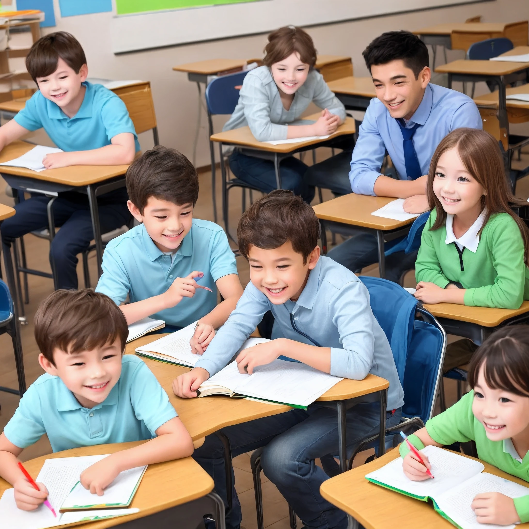 Four at school, Two men and two women doing their homework, looking happy