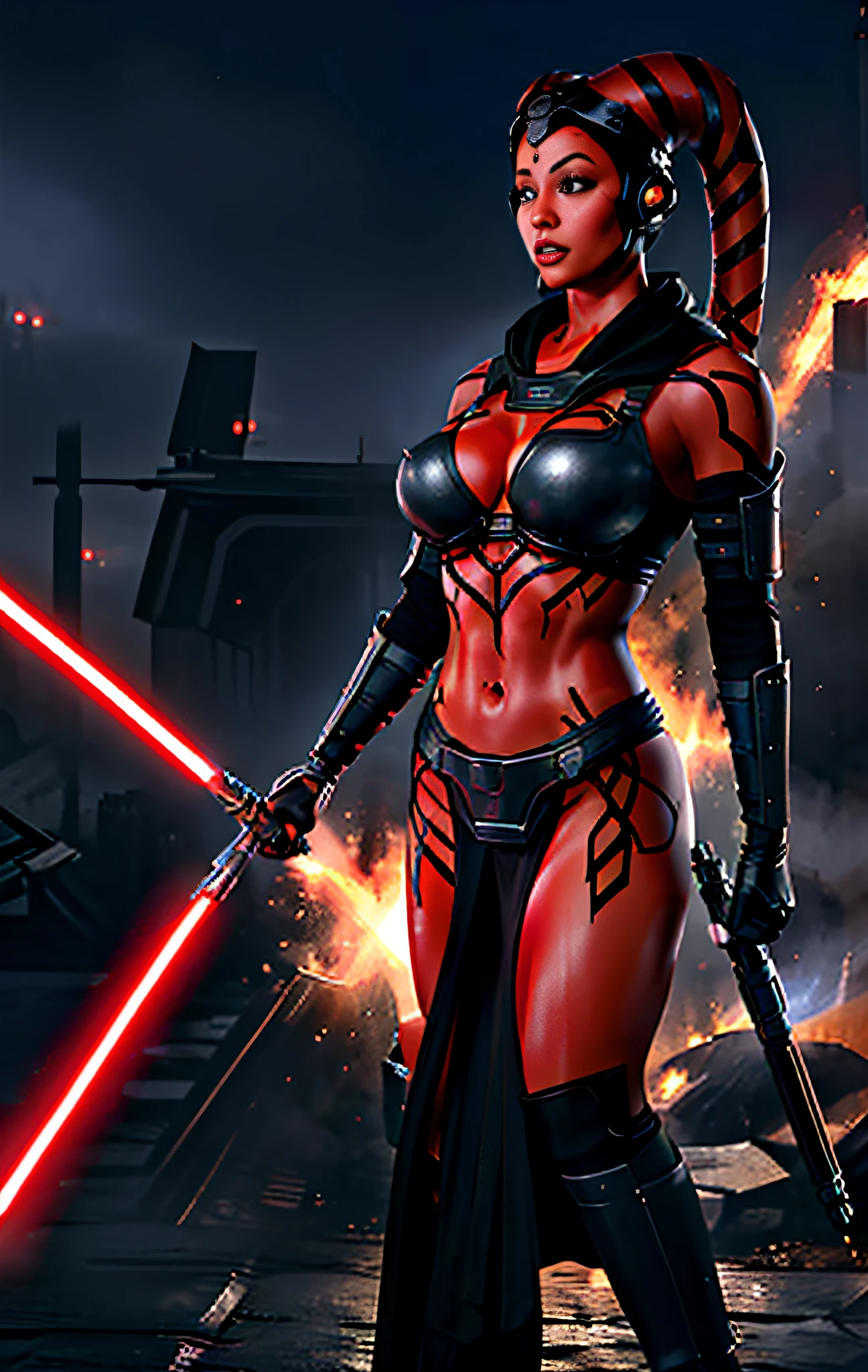 (Masterpiece:1.2, Best Quality:1.2, Beautiful, High Quality, High Resolution:1.1, Aesthetic), Detailed Boobs, Extreme Refinement, Soft Ambient Lighting, 4K, ((Red Skin), Twi'lek:. 1.4)), clear eyes, angular face, sharp features, big nose, perfect lighting, 1 girl, action scene, lightsaber fight, laser, explosion, fire, motion line, depth of field, must-have piece, best quality, high definition, exterior, big breasts, dual red lightsaber, evil space knight, space ninja, (in black robe, black stealth armor, breastplate, tunic, tabard, cowl, cloak, body glove, strap, buckle , skirt, long sleeves, fantasy, ((exterior))), ((big breasts), slender body, thinning, slim sexy body, thin slim waist, ((explosive breasts))) , Warzone, Imperial Ships, Star Wars,