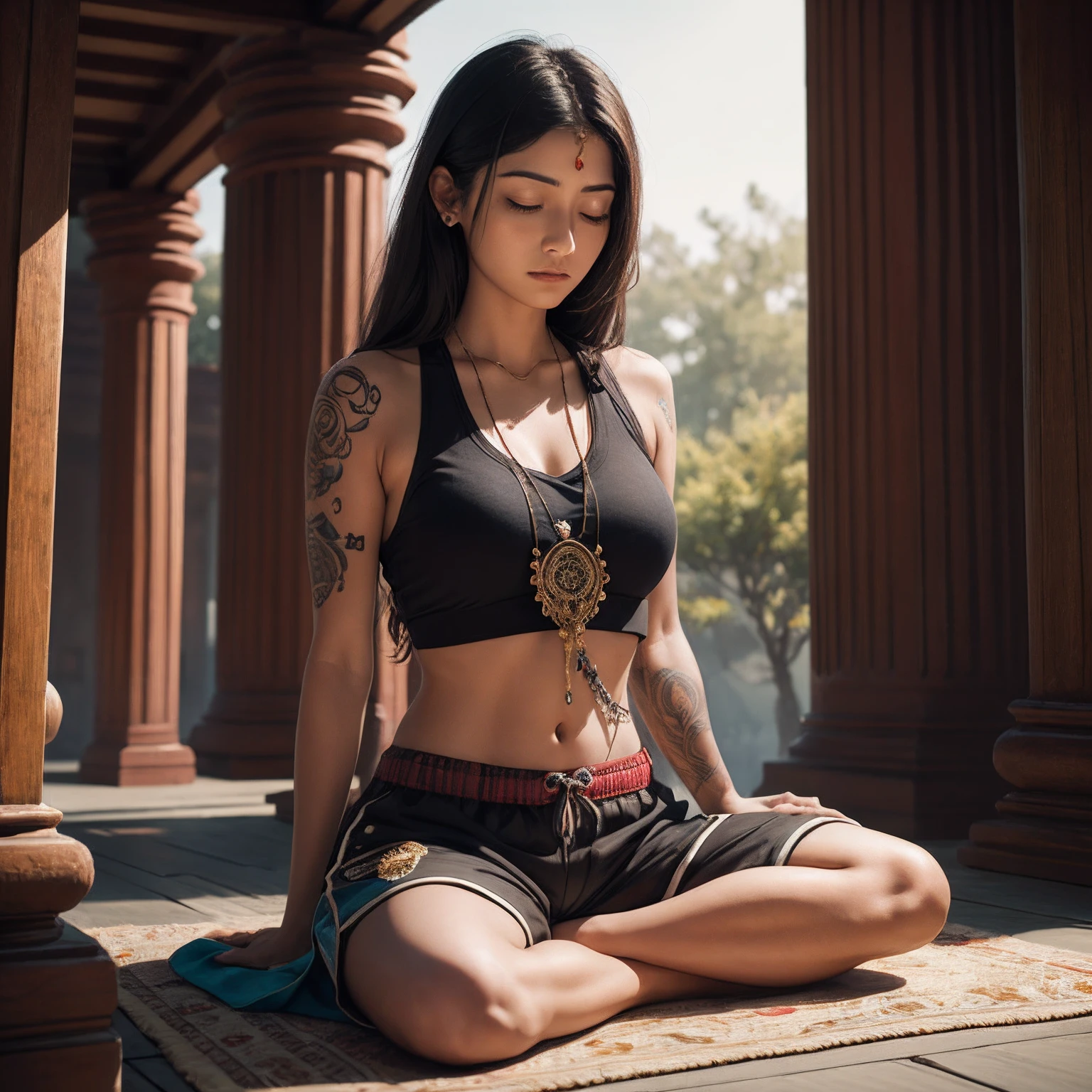 mujer budista con tatuajes y percings en su cuerpo meditando en un templo hindu foto realista --auto