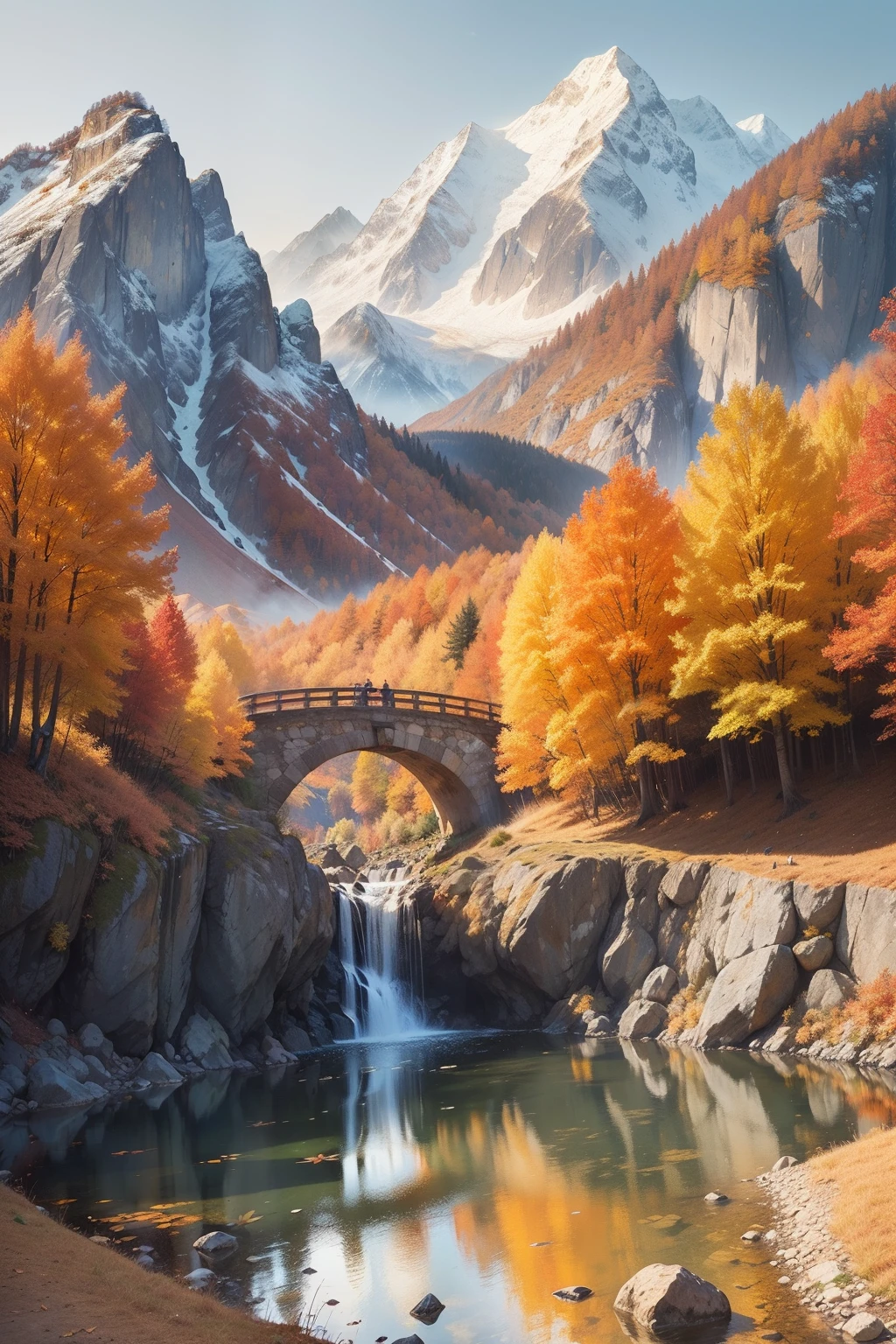 (autumnal, great outdoors:1.2), Quiet, landscape, Golden leaves, red colour, orange colors, amarelo, maple leaves, Far Mountain, beautifuldetails, Cascading mountains, rivulets, waterfallr, Clear water, Small bridge in the distance, blue-sky, baiyun, light wind, ((A masterpiece of nature)), ((Details of distant mountains))