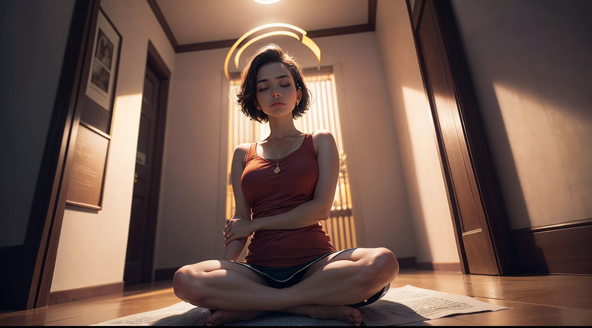 Surrounded by a golden circular halo, Woman sitting cross-legged on a huge golden lotus flower meditating in meditation, Imagem frontal da vista, nuvem, textura realista, riso feliz, (extremamente detalhado CG unidade 16K papel de parede:1.1), ((ultra-detalhado)), cinematic angle, beautifully detailed sky, Cinematic lighting, (florescer), sombra projetada, panorama, tiro largo, (((best quality))), (((master part)))