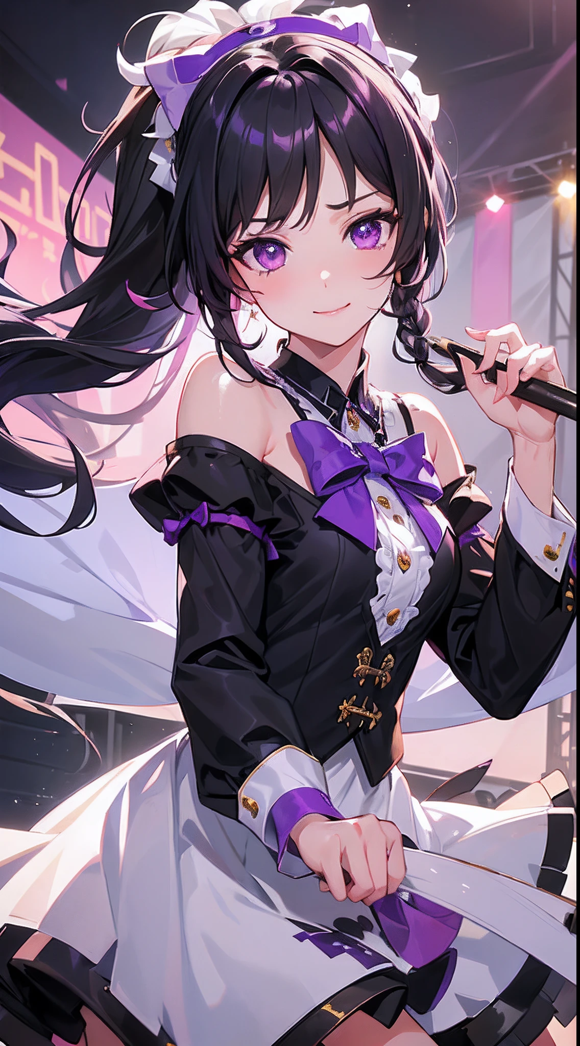 (Best quality),(4k), [highly grand details CG painting]!!,(cheer sticks),(((the Greatest masterpiece,))) (ultra detailed),(((idol,JK hybrid))),(intricately details),(Natural,cute face),((((beautiful stage)))),(dynamic angles,)(aggressive winds),(dynamic lighting),(blooming,synthetic wave), (reality: 0.7), solo,1 girl,Long eyelashes,watery eyes,reflected eyes,eyes shadow,light purple eyes,((one purple bow tie,)) (black off-the-shoulder shirt: 0.4),sidebraids,long hair,straight hair, [black dress]!!, black haired deity,floating hair,((elegant and conservative cloth)),seductive smile