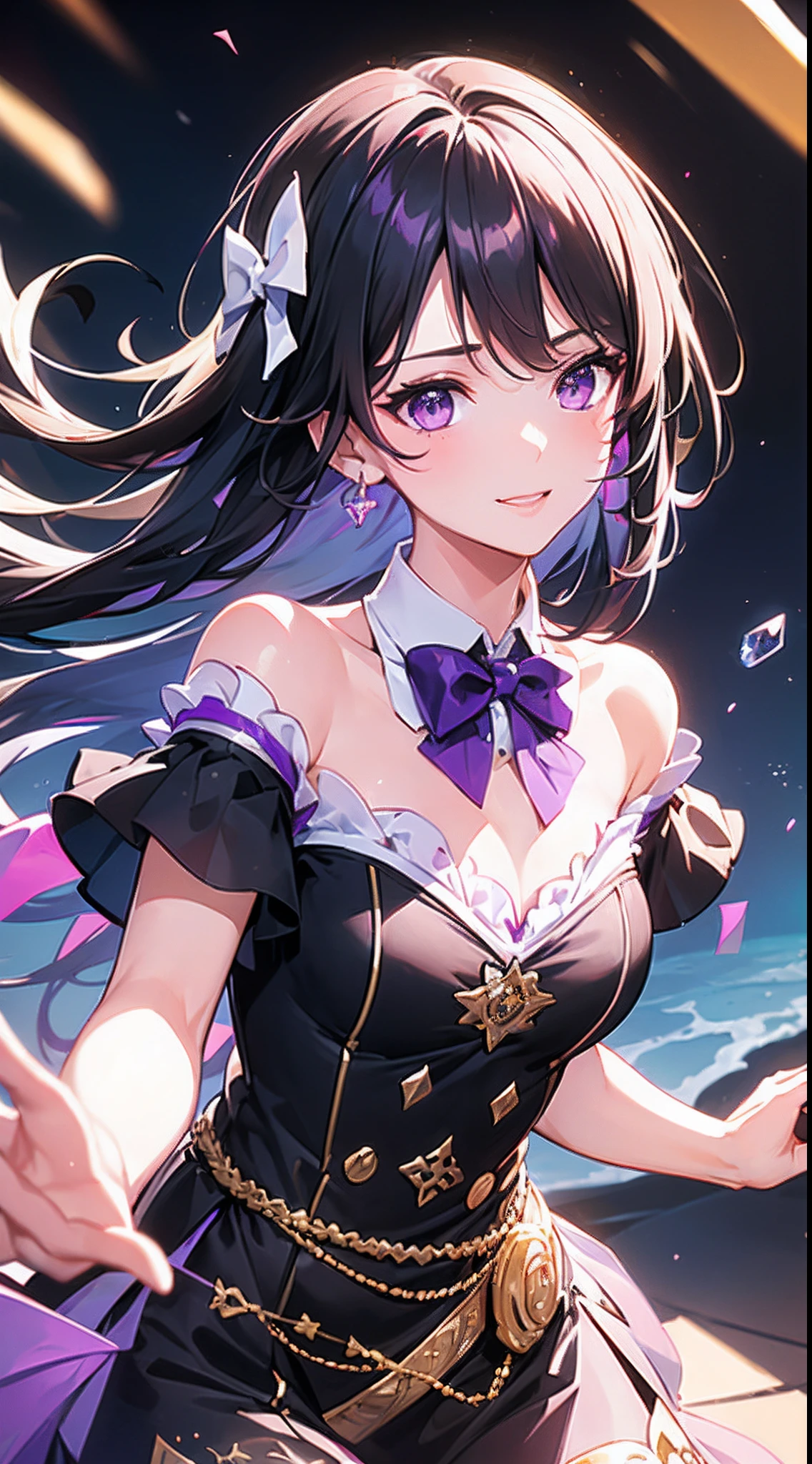 (Best quality),(4k), [highly grand details CG painting]!!,(cheer sticks),(((the Greatest masterpiece,))) (ultra detailed),(((idol,JK hybrid))),(intricately details),(Natural,cute face),((((beautiful stage)))),(dynamic angles,)(aggressive winds),(dynamic lighting),(blooming,synthetic wave), (reality: 0.7), solo,1 girl,Long eyelashes,watery eyes,reflected eyes,eyes shadow,light purple eyes,((one purple bow tie,)) (black off-the-shoulder shirt: 0.4),long hair,gradiation hair, [black dress]!!, black haired deity,floating hair,((elegant and conservative cloth)),seductive smile