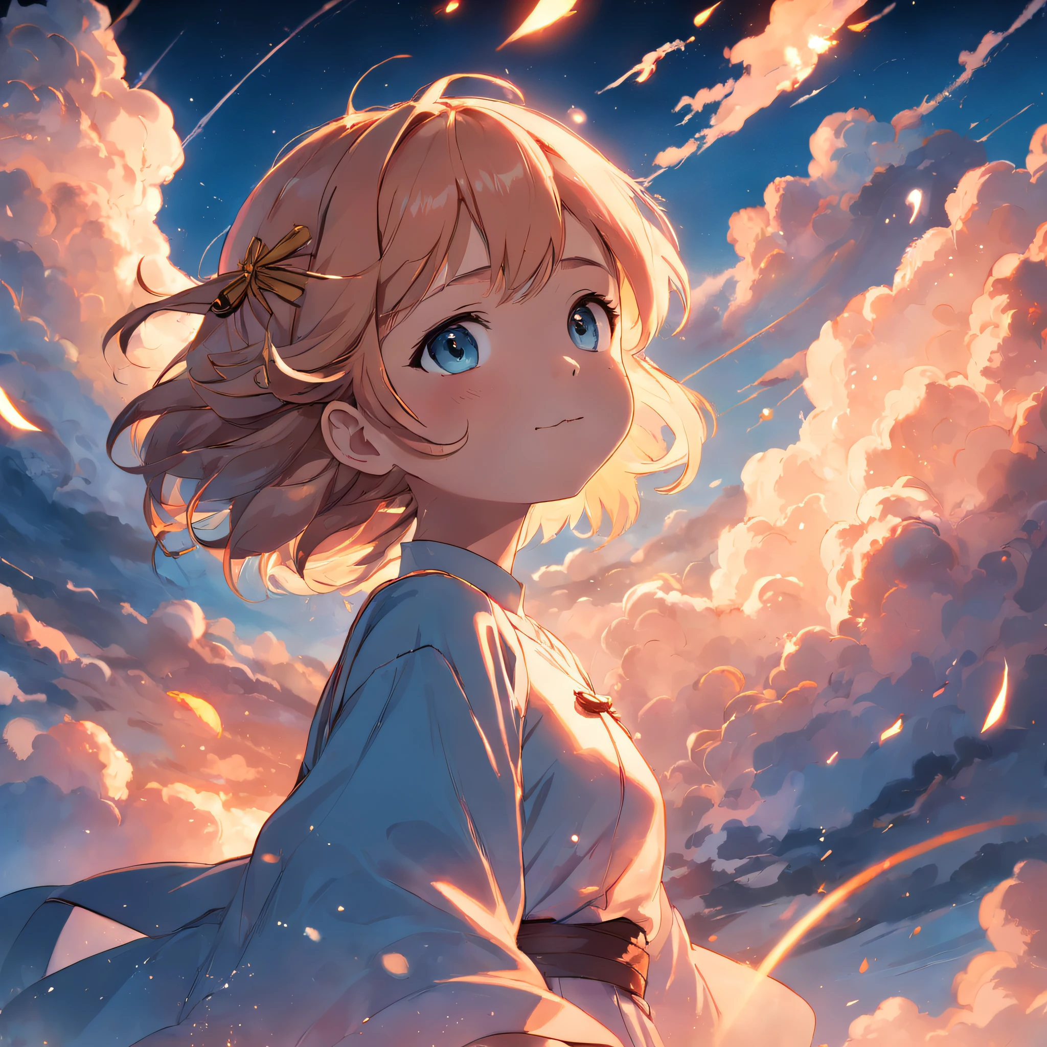 masterpiece, best quality, movie still, 1girl, cloud girl, floating in the sky, close-up, bright, happy, warm soft lighting, sunset, (sparks:0.7)