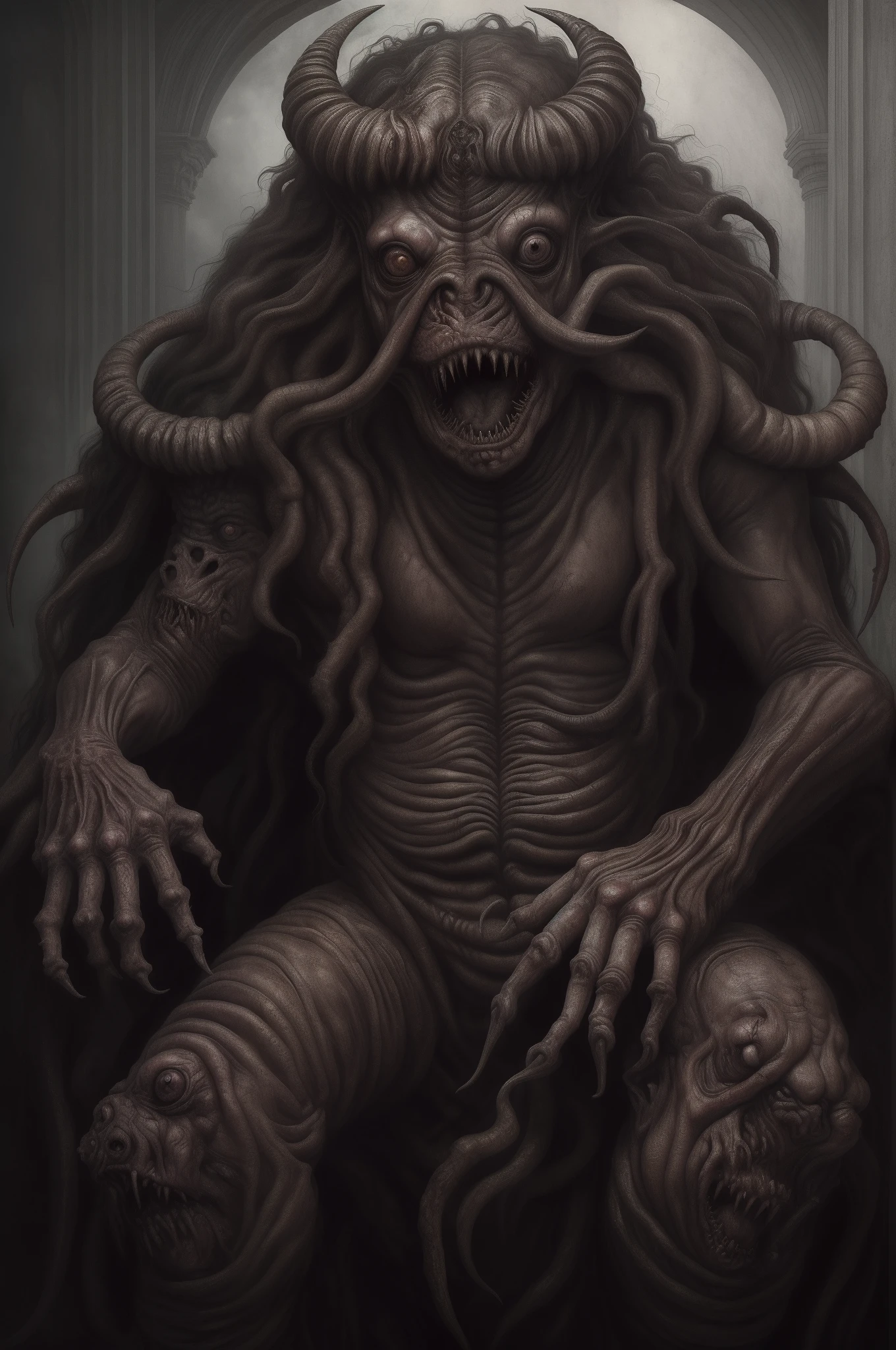 um monstro humanoide realista sentado, monstro sentado num trono, Retrato de uma criatura monstruosa das trevas, 8k artistic portrait photography, Retrato medieval, Demon with long, curly hair, photo of the portrait of a terrible monster, master part, Portrait of a Satanic Being, Velho Rei Medieval.