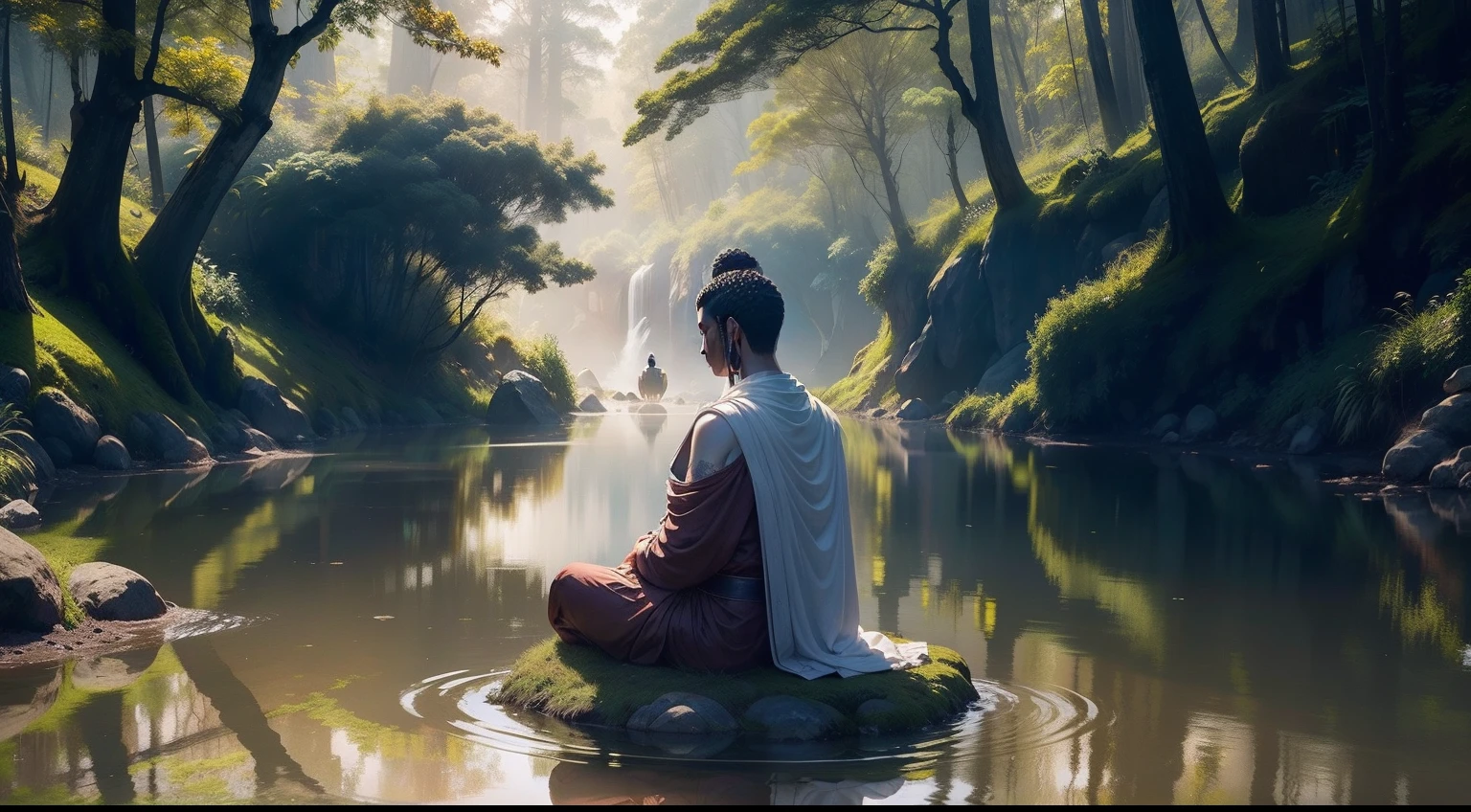 Take the image of a traditional Buddha statue as a man,He leaned over the riverside,Look at your own reflection in the river,Caress the water with your hand,Reflect your own clear face,The contours of the face are clear,The eyes look at their own reflection,The eyes are calm and warm and a little melancholy,The facial features are as beautiful as the Buddha statue,A string of Buddhist beads was wrapped around his hand,Ele estava de batina,Amarre uma corda de contas de Buda de madeira,Meio ombro exposto,Muito suave,Barefoot legs again,Part of his cloak hangs from the water,The surrounding area is sunny,O rio pisca com luz,Screen resting quiet lonely forest,With a bit of solitary tones,The whole gives a sense of mystery。