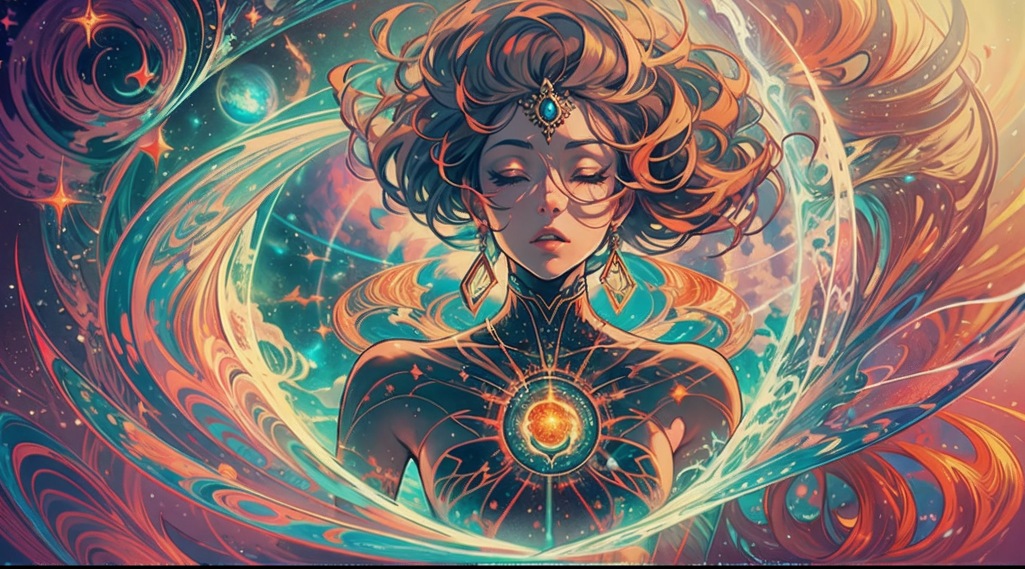 Diving Into The Ether Flowing with The Eternal Soul Through Vibration of love, everything is connected, Flowing energy, Spiritual, divine, dreamlike, cosmic, concept art, mind blowing, feminine beauty, god, pineal gland, dreamlikeart