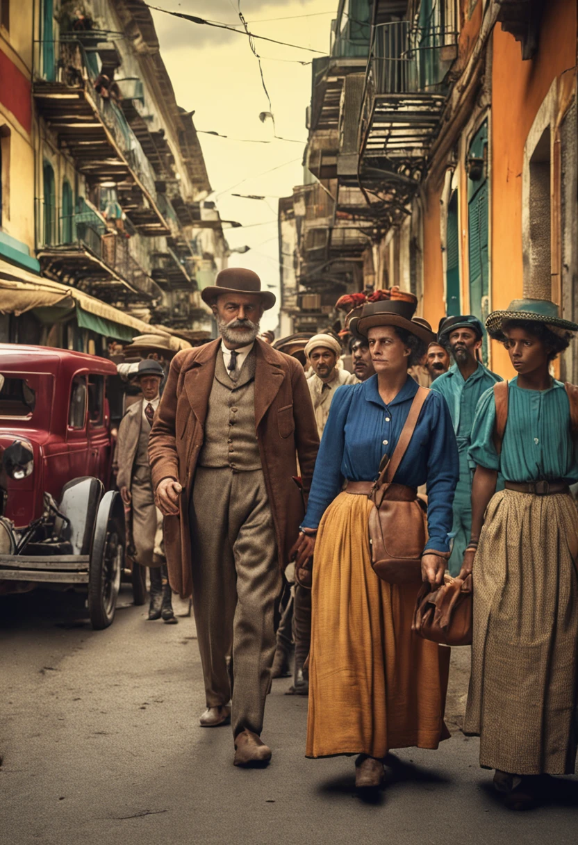 In 1900, several Italian immigrants arrive in Brazil, in the Port of Santos, SP, they carry suitcases in their hands, take a colored photo with the colors of the time, realistic image, image in realistic colors, detailed, realistic image 20th century style, details realistic