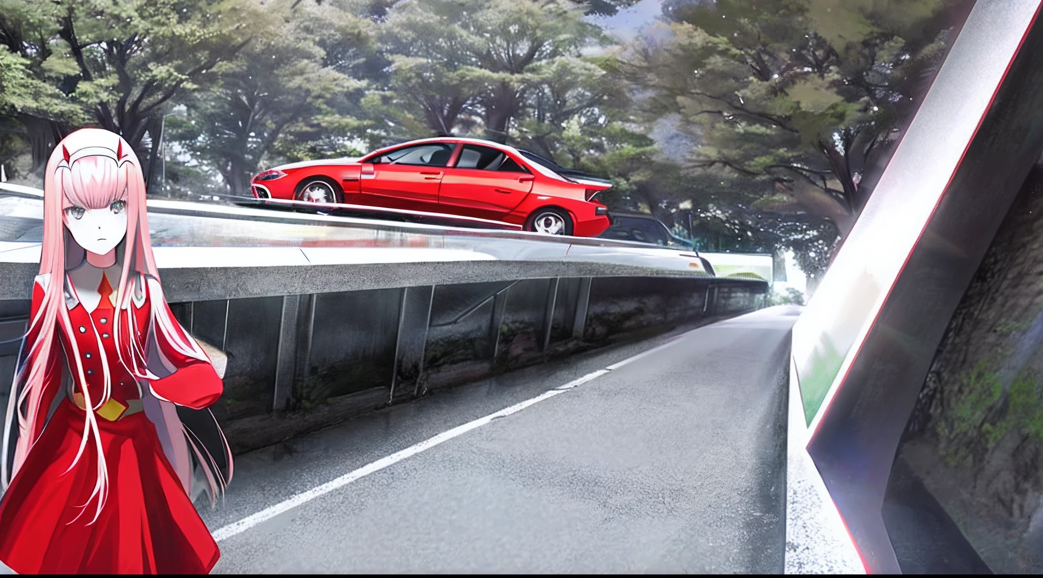 Zerotwo \(DARLING in the FRANXX\), DARLING in the FRANXX, ((Zerotwo)), 1girll, Red car on background, Wired complex background, Detailed, dalcefo, Realistic