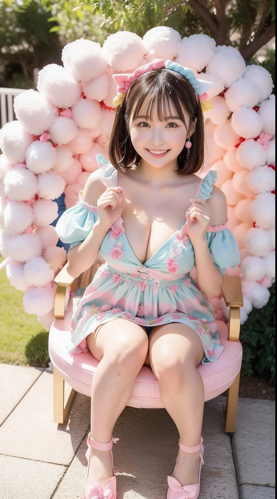 Fashion: Dress up in a colorful ensemble reminiscent of candy wrappers, Cleavage in bright pastel colors and playful accessories、Colossal tits、. 2. Pose: Pose on a whim while holding a giant lollipop, Show off a carefree and fun attitude. 3. Background: Pose in front of a candy-themed background filled with oversized candies, cotton candy clouds, and Candy Cane Tree. 4. Candy Throne: Sit on a candy-style throne made with oversized gum drops, Surrounded by candy treasures. 5. Cupcake Delight: Lean on a giant cupcake prop, Please wear clothes that match the color and frosting of the cupcake. 6. Rainbow Pathway: Walk along a rainbow path made of candy pieces, Exudes surprise and excitement. 7. Candy Rain: With colorful umbrella「Candy Rain」Capture the moment of, Standing under a shower of falling candies. 8. Giant Ice Cream Cone: Pose beside a giant ice cream cone prop, In an outfit featuring ice cream cone patterns and colors. 9. Candy Wonderland Swing: Playfully swing in candy cane swing in dreamy landscape of candy tree and candy floss clouds. 10. Gummy Bear Garden: Sit in the garden of oversized gummy bears, Wearing gummy bear-themed costumes to match the colors of the candy garden