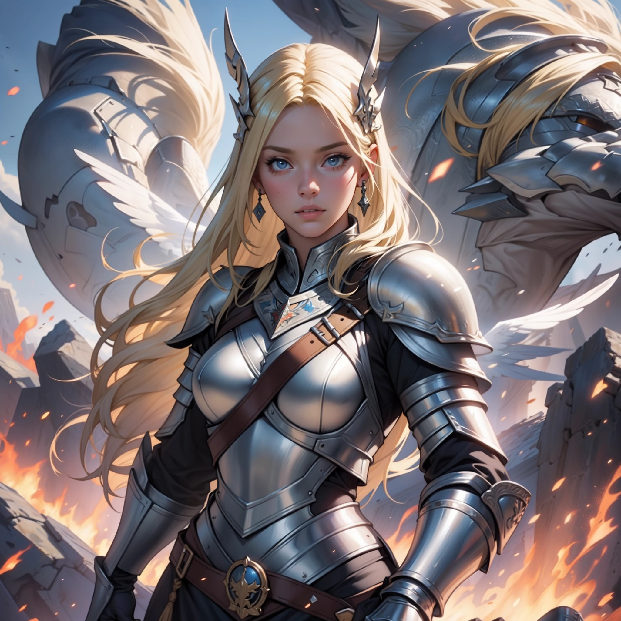 ((realistic: 1.5)),((best quality)), ((masterpiece)),((detailed)), army of female angels, wearing armor, blonde woman in center, holding sword up, kingdom of heaven