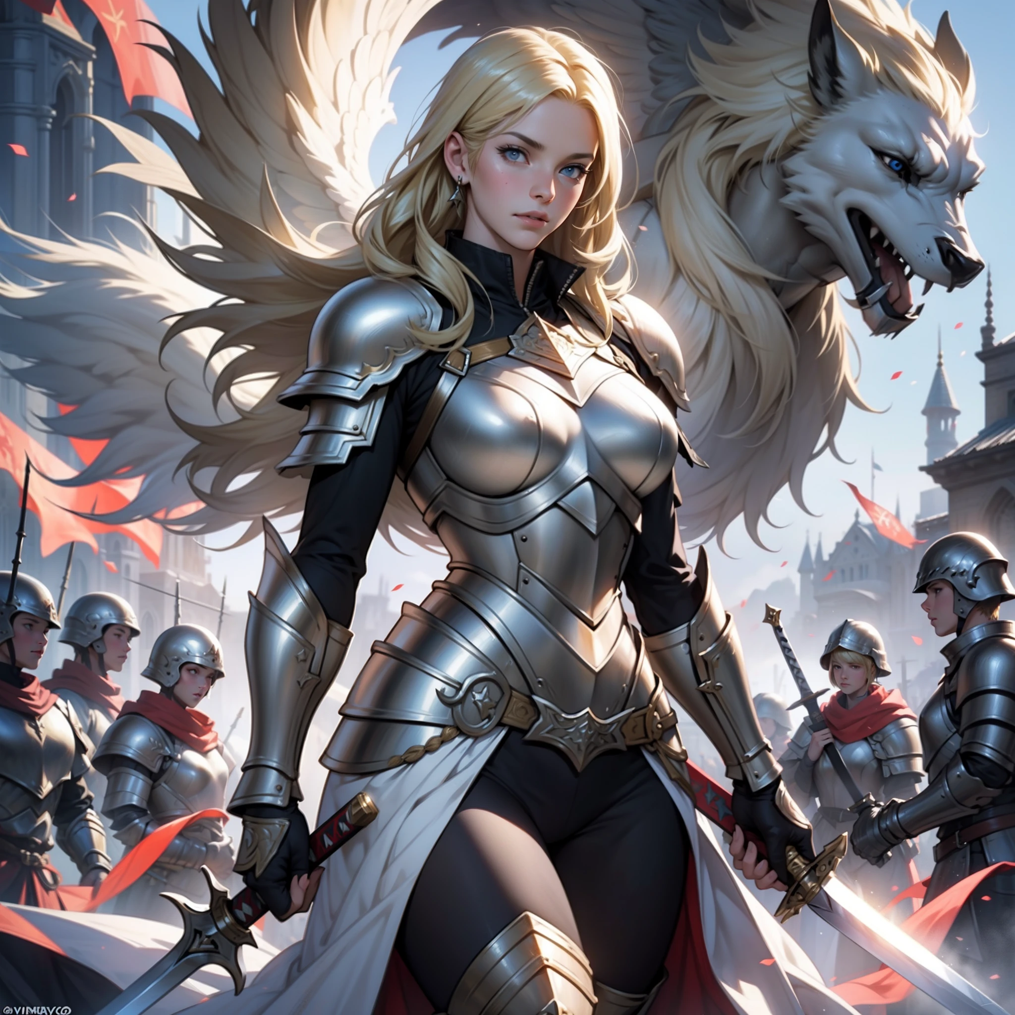 ((realistic: 1.5)),((best quality)), ((masterpiece)),((detailed)), army of female angels, wearing armor, blonde woman in center, holding sword up, kingdom of heaven