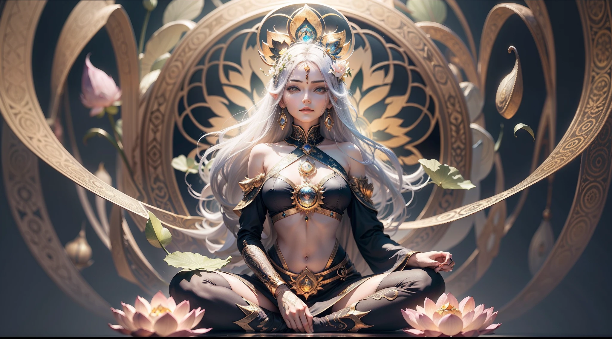 Beautiful peaceful woman with visible chakras in the middle of large lotus leaf, centrado na imagem, healthcare, simetria vertical, Era, concept piece, budista, elemental guardian of life, energia vital, mistic, cores brilhantes, highly detailed render, arte conceitual, octan render, Mystical sunny atmosphere