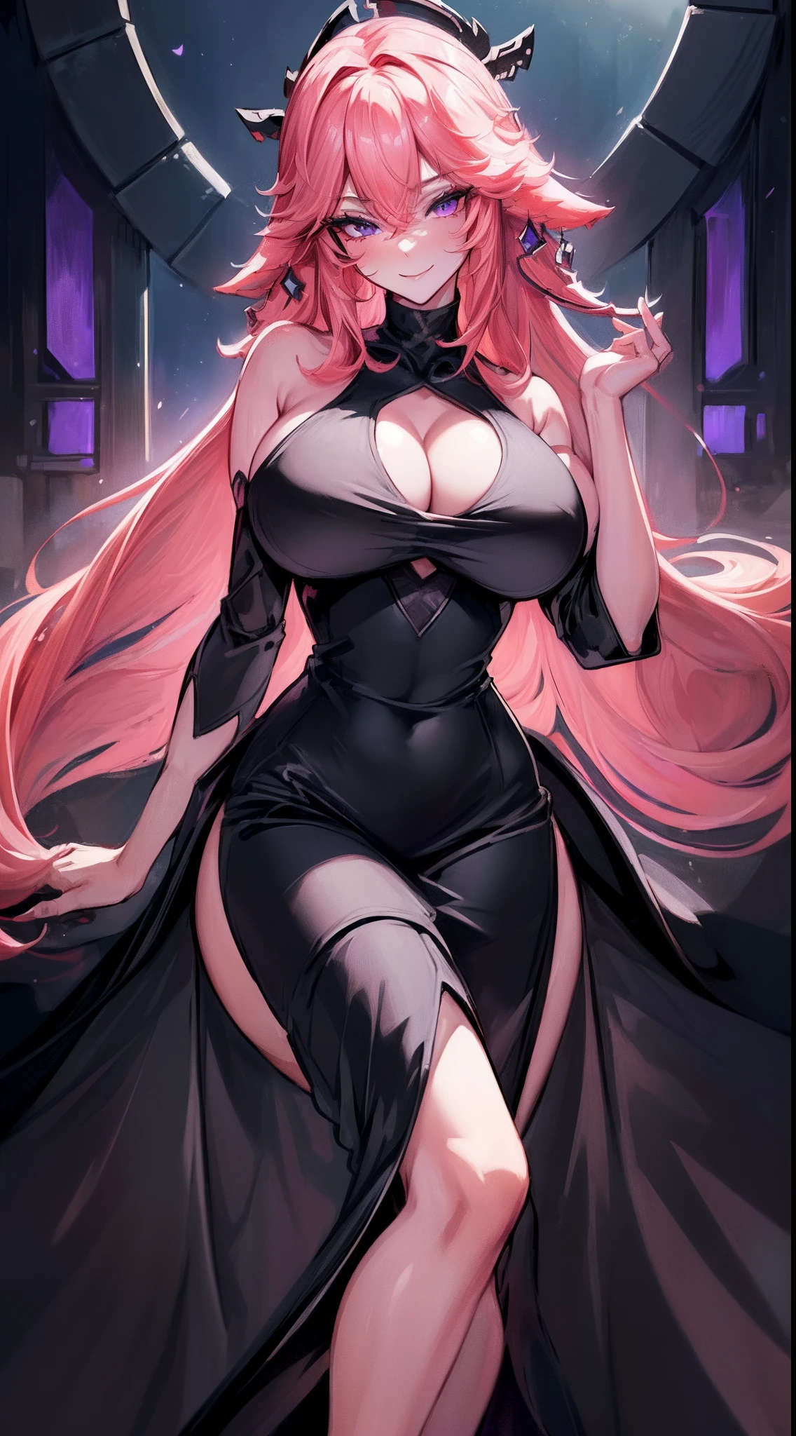 (Yaedef:1.4), 8k, highres, ultra detailed, (masterpiece:1.4), best quality, symmetrical body, (sexy black long elegant dress with deep neckline:1.4), cute, solo, long hair, pink hair, purple eyes, glow effect, finely eye, wide smile, detailed face, looking at viewer, smilling at viewer, in the castle, angled view, huge breasts