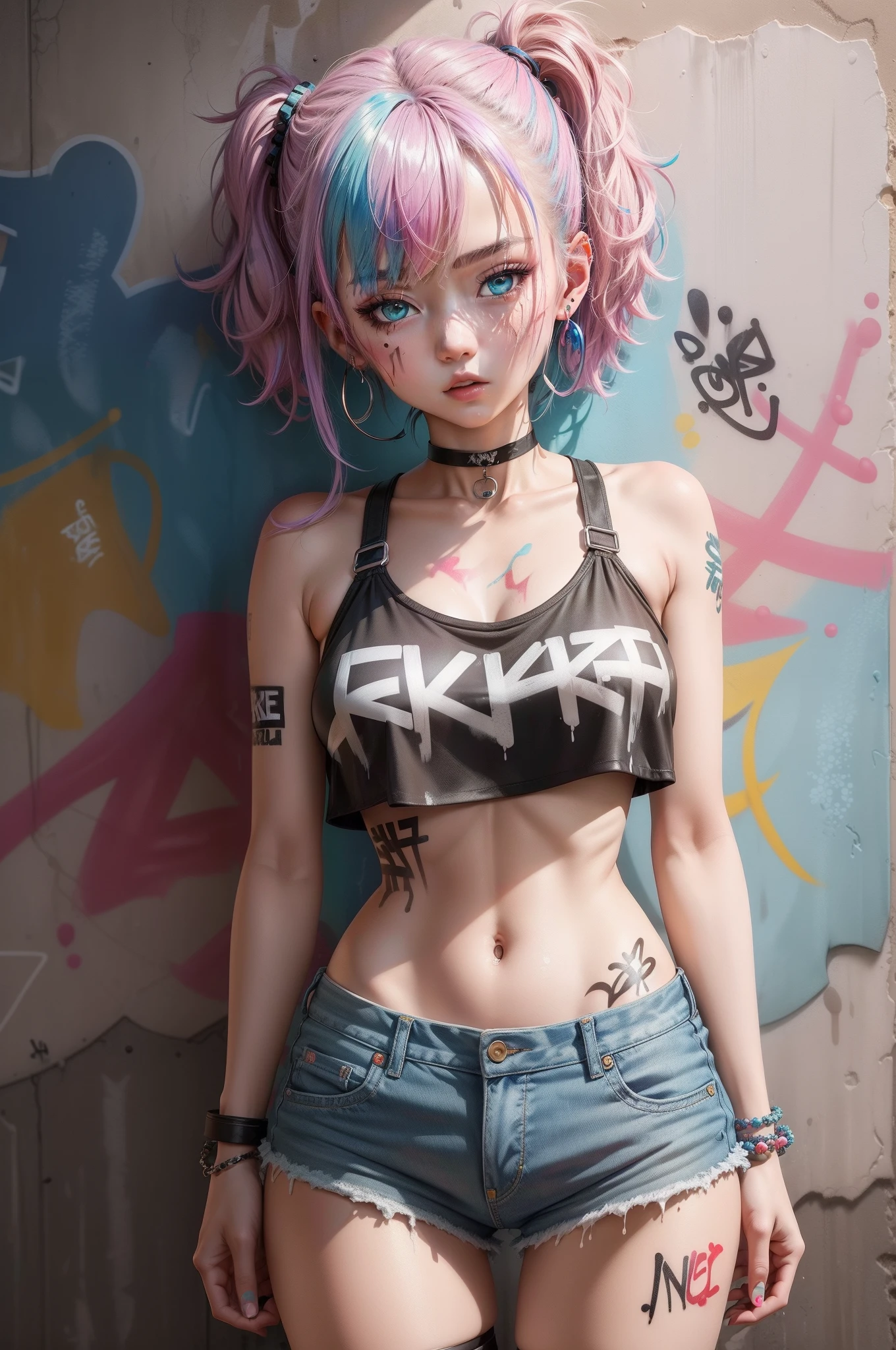 Masterpiece, Best Quality, 1girl, 独奏, crop-top, jean shorts, Choker, (graffiti:1.3), paint splatter, (Hands Behind Your Back), Against a wall, looking a viewer, A bracelet, thigh strap, Paint on the body, tilt of head, bored, multi-colored hair, aqua eyes, earphones