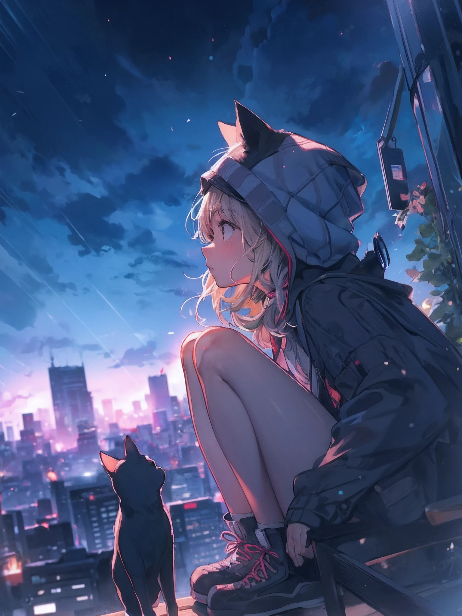 Anime girl sitting on a ledge with a cat looking at her - SeaArt AI
