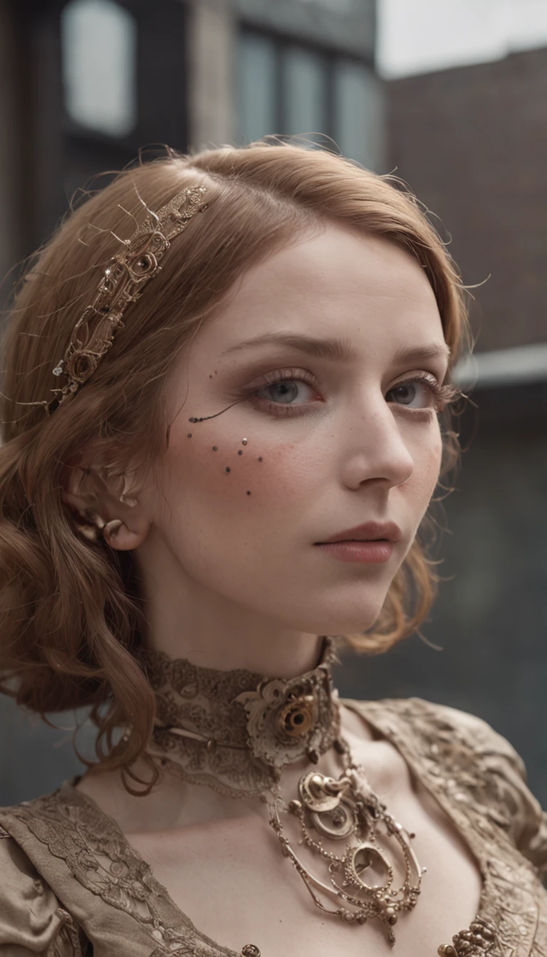 Avant-Garde Photography: Female, radiant skin, steampunk, piercingly clear eyes, as a simplistic android, dystopian future, fantastical, high-def, deeply detailed, medium shot, low angle, 8k Cindy Sherman inspired --ar 2:3.