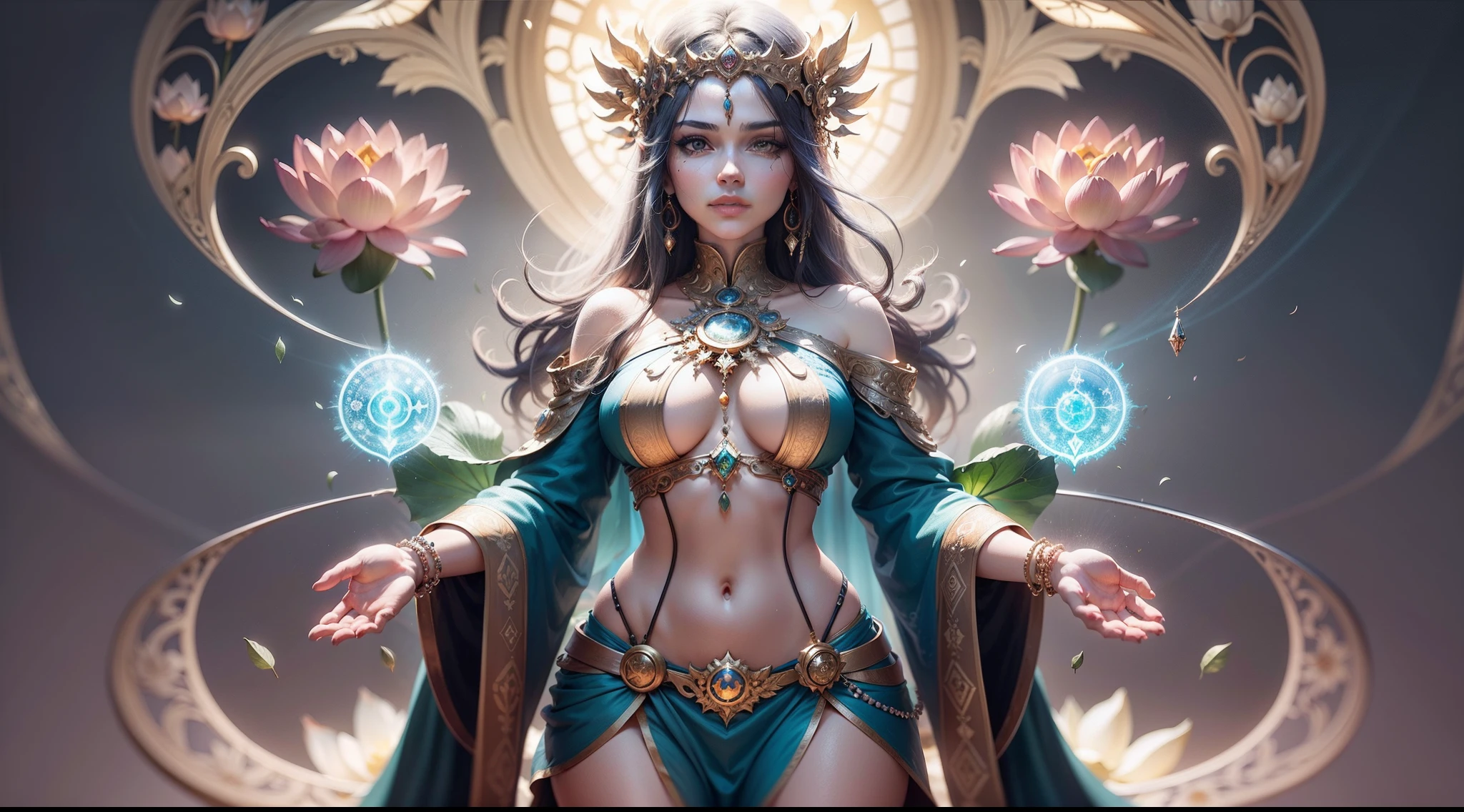 Beautiful peaceful woman with visible chakras in the middle of large lotus leaf, centrado na imagem, healthcare, simetria vertical, Era, concept piece, budista, elemental guardian of life, energia vital, mistic, cores brilhantes, highly detailed render, arte conceitual, octan render, Mystical sunny atmosphere