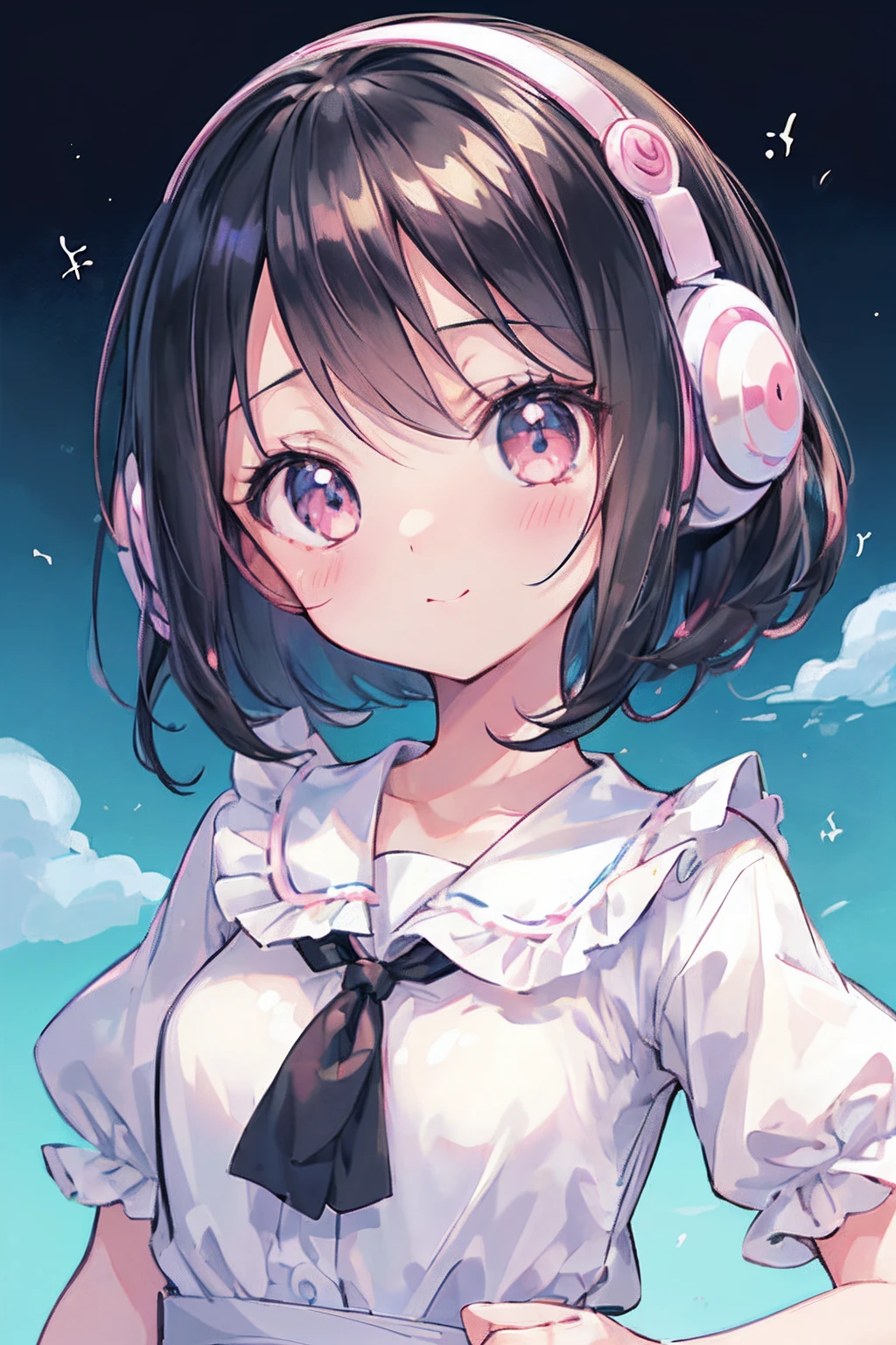 ((masutepiece)), ((Best Quality)), (Ultra-detailed), ((kawaii)), Cute, (lovely), Upper body, Focus on face0, Cute girl s, 1girl in, Solo, Beautiful black hair, Beautiful black eyes, (Big eyes),((Beautiful eyes)), head phone, lightsmile
