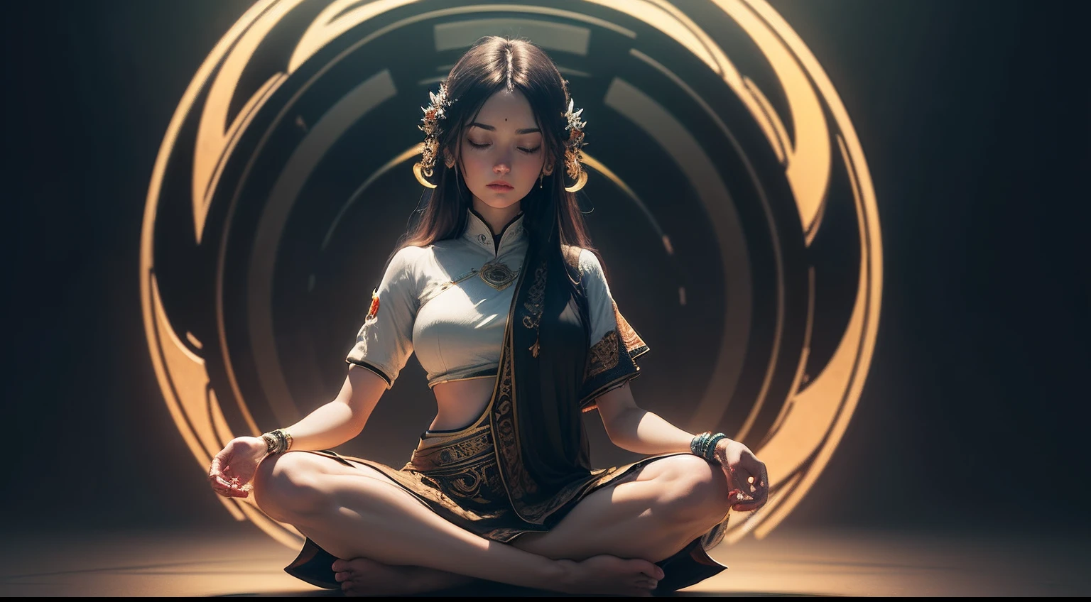 (extremely detailed CG unity 8k wallpaper, floating, high saturation), a masterpiece of uma imagem, best quality, ultra-detailed, an extremely delicate and beautiful, a silhouette of uma pessoa sitting in a lotus position, meditating, with a visual emphasis on the main chakras and their vibrant colors.