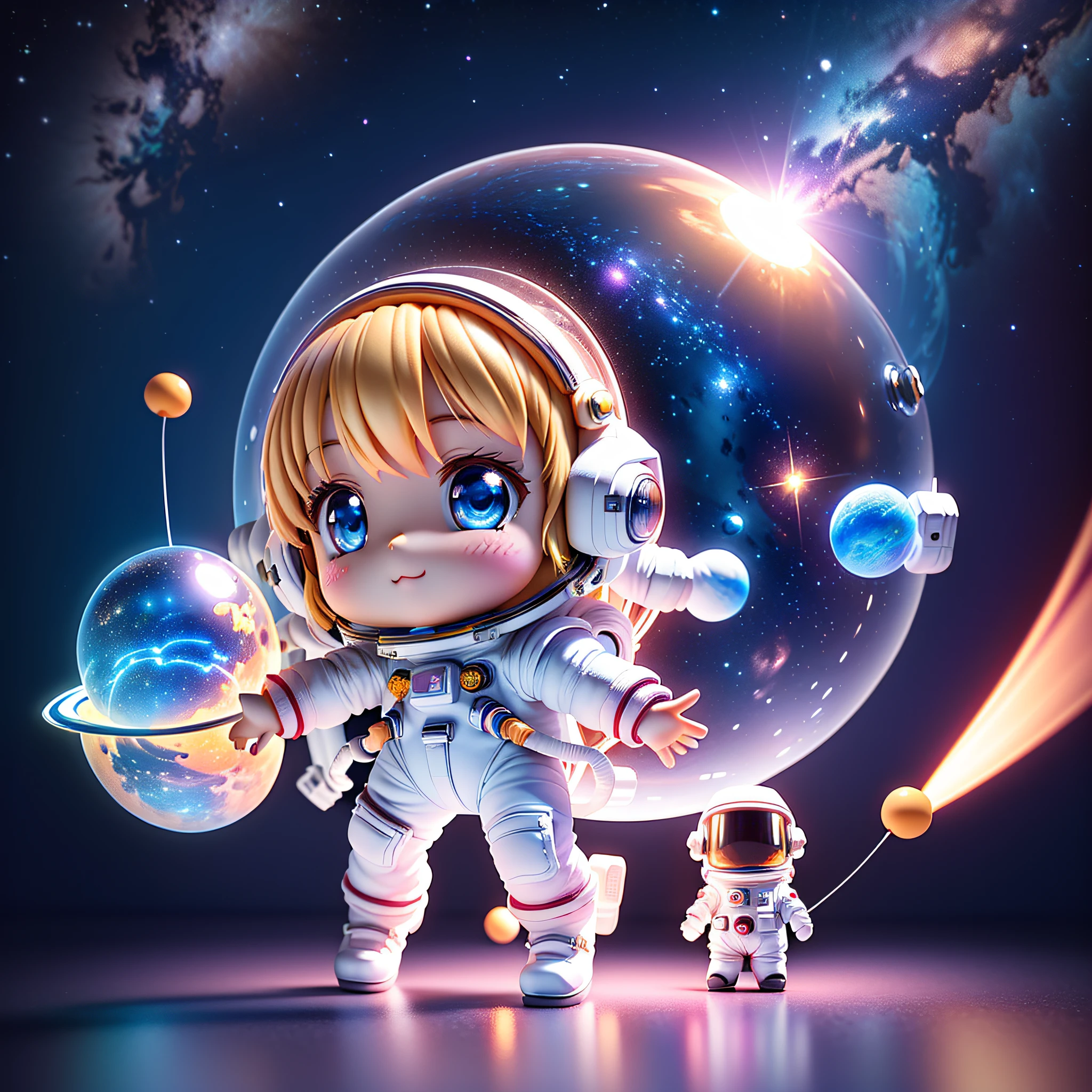 Super cute girl full body 3D picture, 1 pc, good looking eyes, big eyes, cute, happy, c4d, pop matt blind box, white long hair, glowing bubbles, toys, solid color background, chibi, fluorescent translucency, luminous body, kawaii, doll, (((astronaut, space cap, spacesuit))), reference table, pop mart blind box, Pixar, complex details, 3d rendering, blender, OC renderer, fol body reference sheet, Dribble, High Details, 8K, Studio Lighting, Loli, Petite, Child, Chibi, SD characters: 1.1, starry sky background