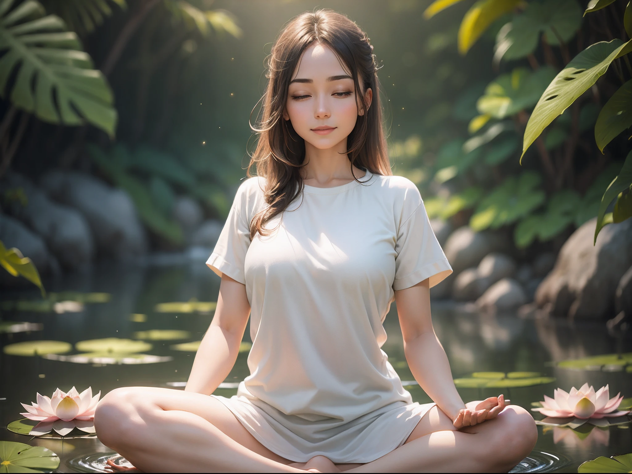 Woman in white shirt, sitting facing in lotus pose meditating, with her eyes open looking at the viewer, floating above the ground, happy, smiling slightly, photorealistic, bokeh, particles of light