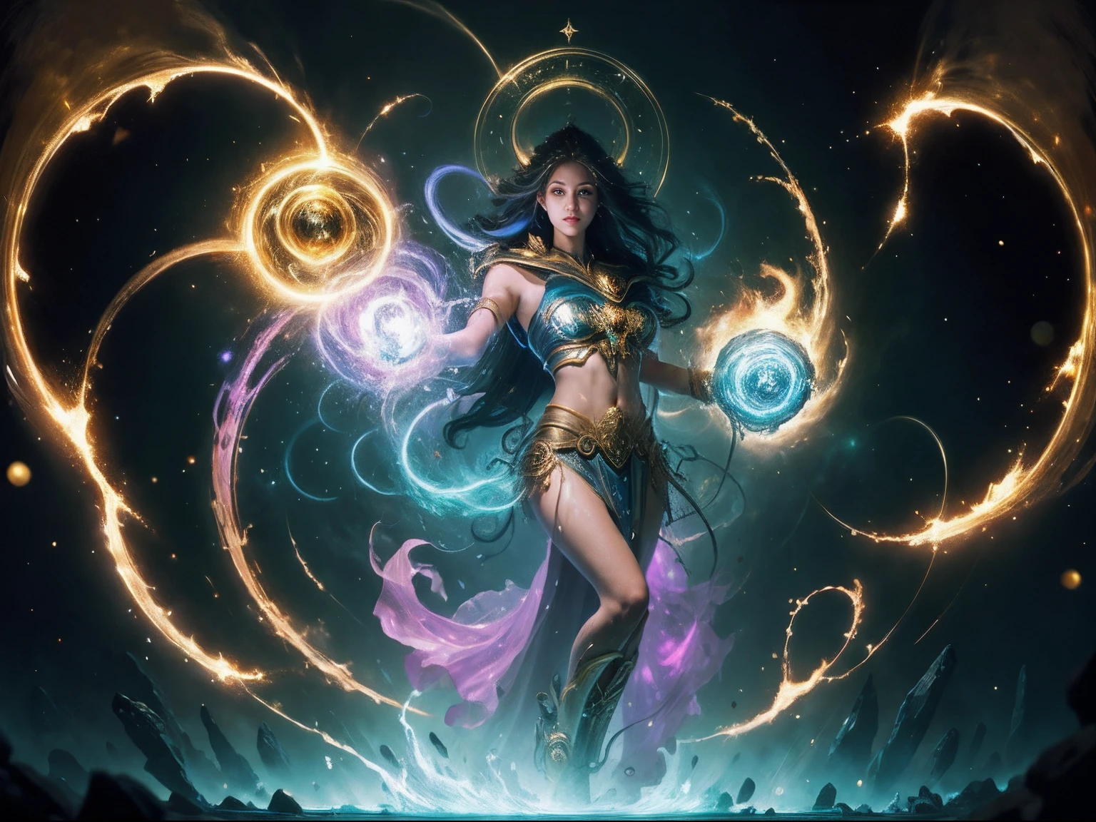 Deusa imortal, Super Bonito, 8k, seios super grandes, Meditando, O pano cobre a maior parte de seu corpo, sentado de pernas cruzadas, golden luminous magic circle spinning behind her, magical aura around its parts, magica, fantasia, milkyway background, 4 elements: fire, water, wind, the earth surrounds it;,