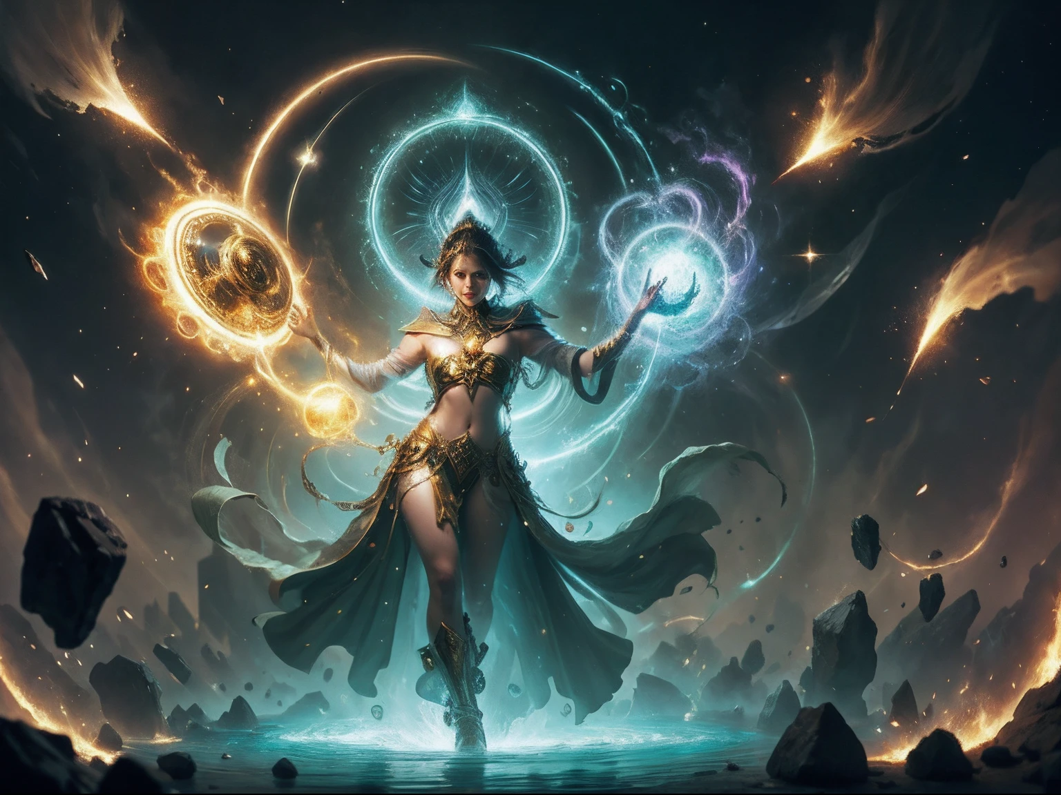 Deusa imortal, Super Bonito, 8k, seios super grandes, Meditando, O pano cobre a maior parte de seu corpo, sentado de pernas cruzadas, golden luminous magic circle spinning behind her, magical aura around its parts, magica, fantasia, milkyway background, 4 elements: fire, water, wind, the earth surrounds it;,
