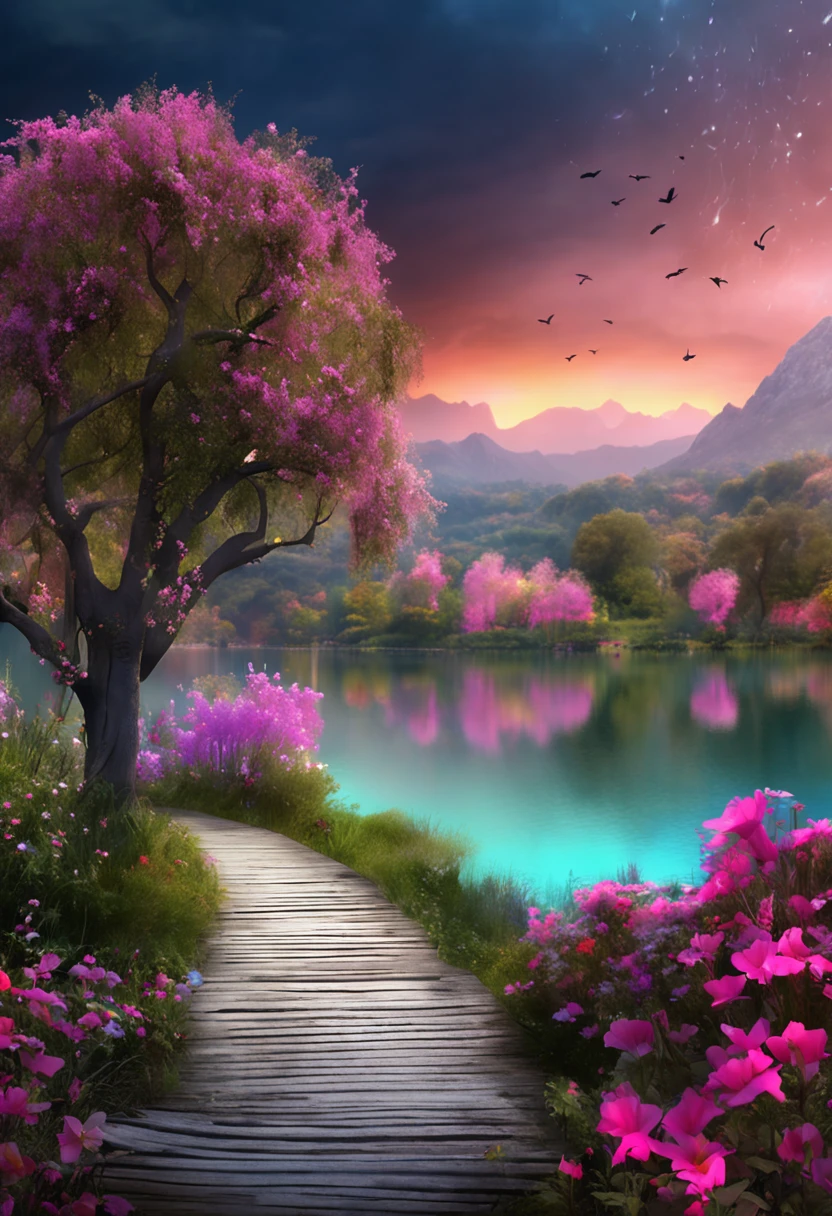 a full view of a lake with a lot of flowers, a detailed matte painting by Igor Zenin, shutterstock contest winner, fantasy art, enchanting, mystical, nightscape,highly detailed