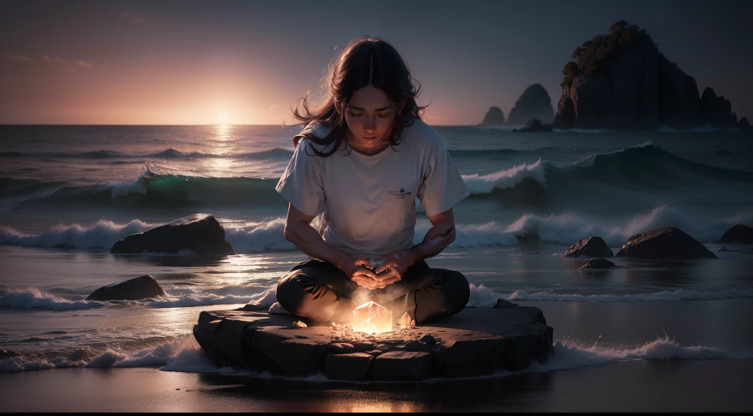 Foto ultra realista,cena cinematogafica, meditando em uma pedra em meio a um mar de tempestade, obra-prima, melhor qualidade, alta qualidade, papel de parede 8k de unidade CG extremamente detalhado, fotografia premiada, Bokeh, Depth of Field, HDR, bloom, chromatic aberration, fotorrealista, extremamente detalhado, trending on ArtStation, trend at CGSociety, intrincado, alto detalhe, dramatic, arte no meio da jornada, volumeric lighting