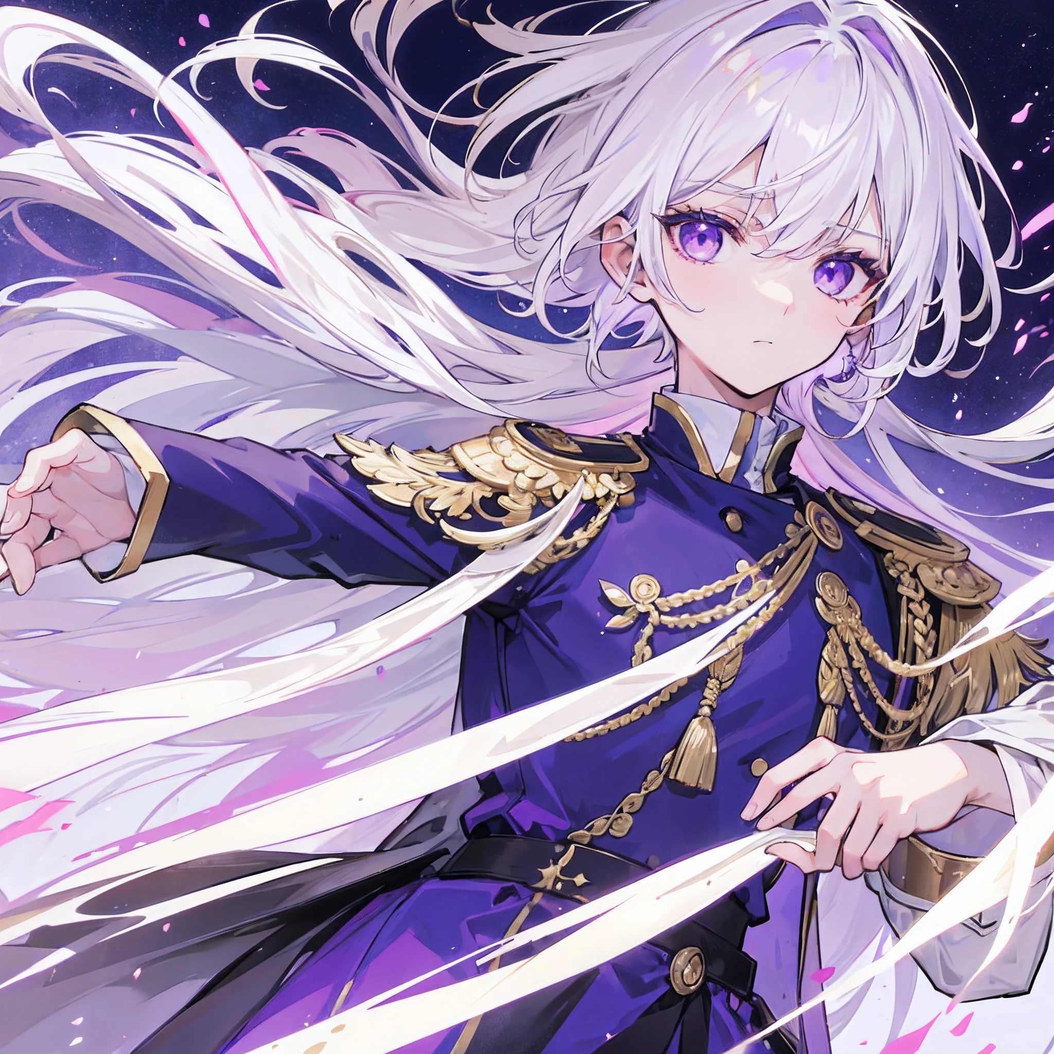 1 boy,white hair,purple eyes,white military uniform,ornate golden sword