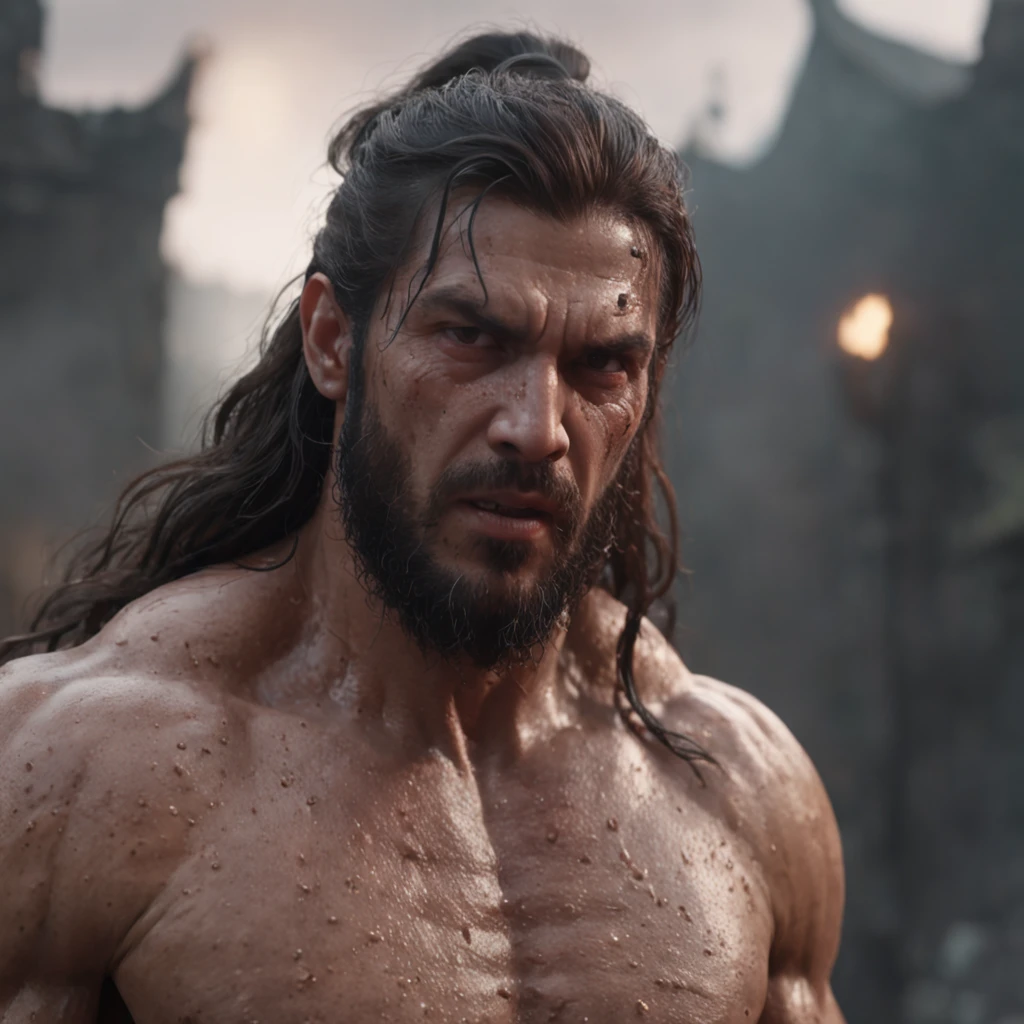 (professional 3d render:1.3) af (Realistic:1.3) most beautiful artwork photo in the world,Features soft and shiny male heroes, ((Epic hero fantasy muscle man rough wet hero angry looking long hair short beard and ferocious expression in dynamic pose, Fantastic location, Majestic cluttered environment)), Full body 8K unified rendering, action shot, skin pore, very dark lighting, heavyshading, Detailed, Detailed face, (vibrant, photograph realistic, Realistic, Dramatic, Dark, Sharp focus, 8K), (Old leather garments damaged by weathering:1.4), ((((Wear fur)))), (Intricate:1.4), decadent, (Highly detailed:1.4), Digital painting, rendering by octane, art stations, concept-art, smooth, Sharp focus, illustration, Art germ, (loish:0.23), wlop ilya kuvshinov, and greg rutkowski and alphonse mucha gracias, (Global illumination, Studio light, volumettic light), heavy rain, particles floating, lotr, fantasy, elf, full bodyesbian, ((Dark and ancient city background:1.3)),CGSesociety,art stations