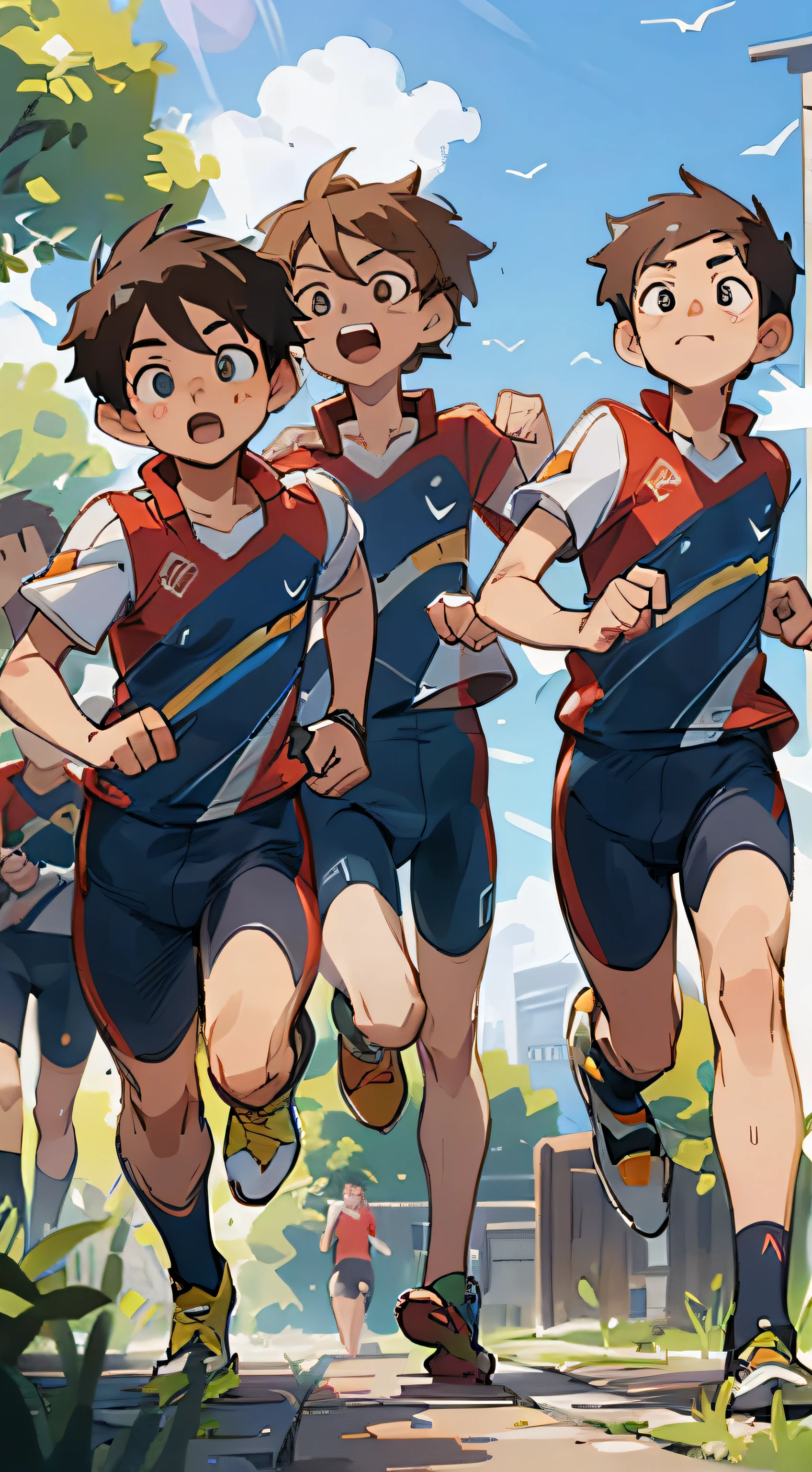 make,extremly high detail,(best qualtiy:1.2), realisticlying,realisticlying,ultra - detailed,Ray traching,A high resolution,Sharp focus,8k,with dynamism,iintricate,Clarity and clarity,realisticlying,marathon,Youth Men,ssmile,Run with a smile,4 young men running,Sportswear,Clouds,suns,Clean blue sky,