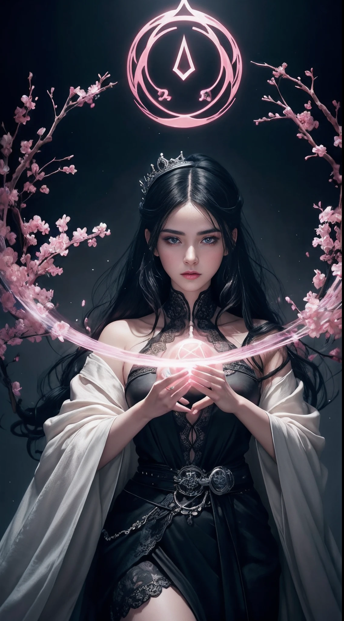official art, unity 8k wallpaper, ultra detailed, beautiful and aesthetic, beautiful, masterpiece, best quality, Dark, atmospheric, mystery, romanticism, macabre, literature, art, fashion, Victorian, ornamental, intricate, ironwork, lace, brooding, emotional depth, supernatural, (ultra Detailed scene) , (masterpiece) , pretty girl , white thin robe , thick leg , shaped body , shaped face , Both_of_eyes_are_same , blue eyes , full body close up , putting hand like pray while standing , dark pink lips , shaped nose and ears , black straight hair , silver crown , wind blowing through the hair, thousand pink blossom twirling her like storm , ruined pray stone with rune and symble on it , has old rune as black tattoo on her neck to arm , mist under her feet , 100 mini light balls around her , (high detailed face), (ultra pretty face) , black eyebrow , long white robe , dark scene , dark fantasy art style , magic , magic ball in her hand , pink glowing aura around her , pinkish scene ,(ultra detailed face),(ultra detailed magic shape) , (ultra detailed blossom)