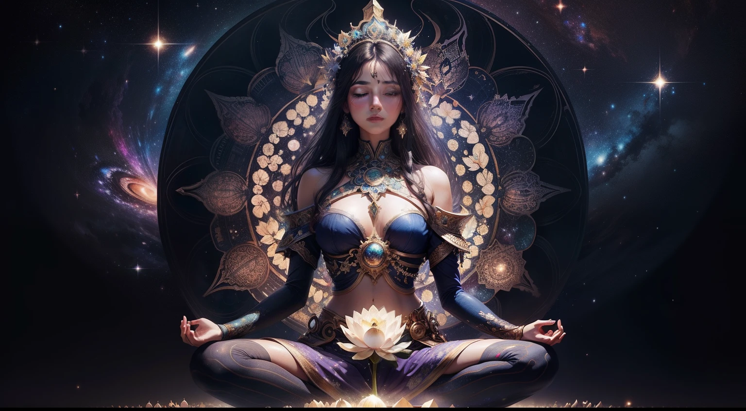 Beautiful woman, Arcturiano, Meditando, on top of the lotus flower, Galaxies background, Geometria sagrada, Realistic, imagens perfeitas, cores intensas,