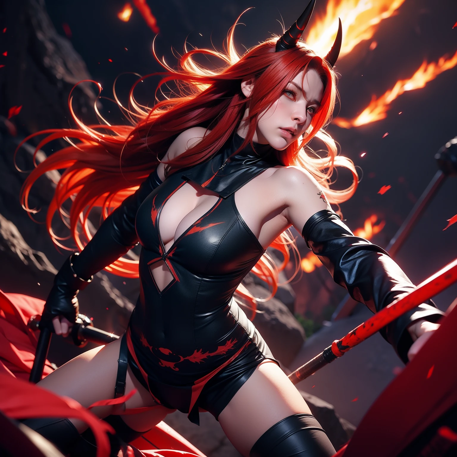 Demon, female, combat stance, red hair, orange eyes, scar between bodies, black horn
