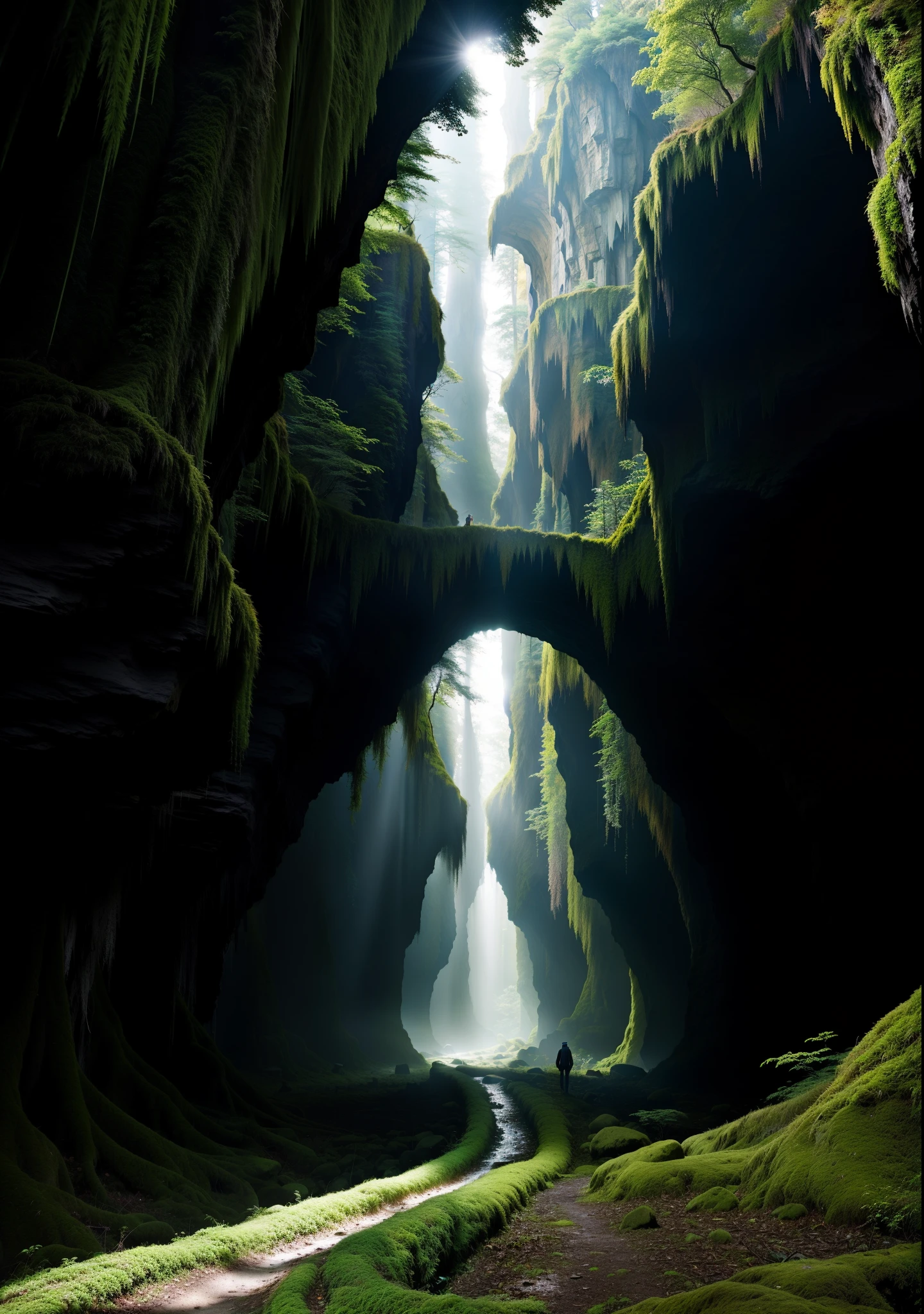 A big deep cave, dark forest, mysterious trees, every where moss,