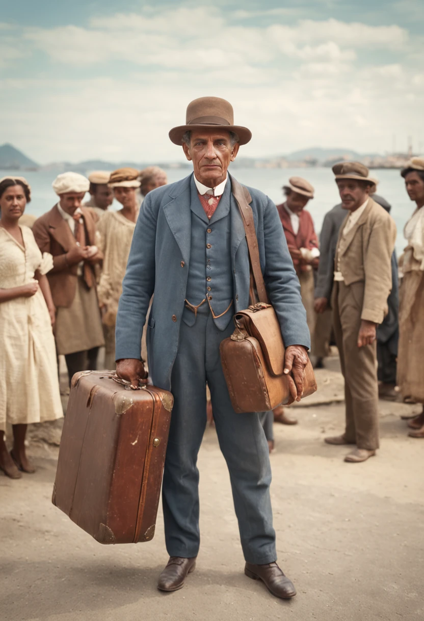 In 1900, an Italian immigrant man arrives in Brazil, in the Port of Santos, SP, he carries suitcases in his hands, take a colored photo with the colors of the time, realistic image, image in realistic colors, detailed, realistic image 20th century style, details realistic