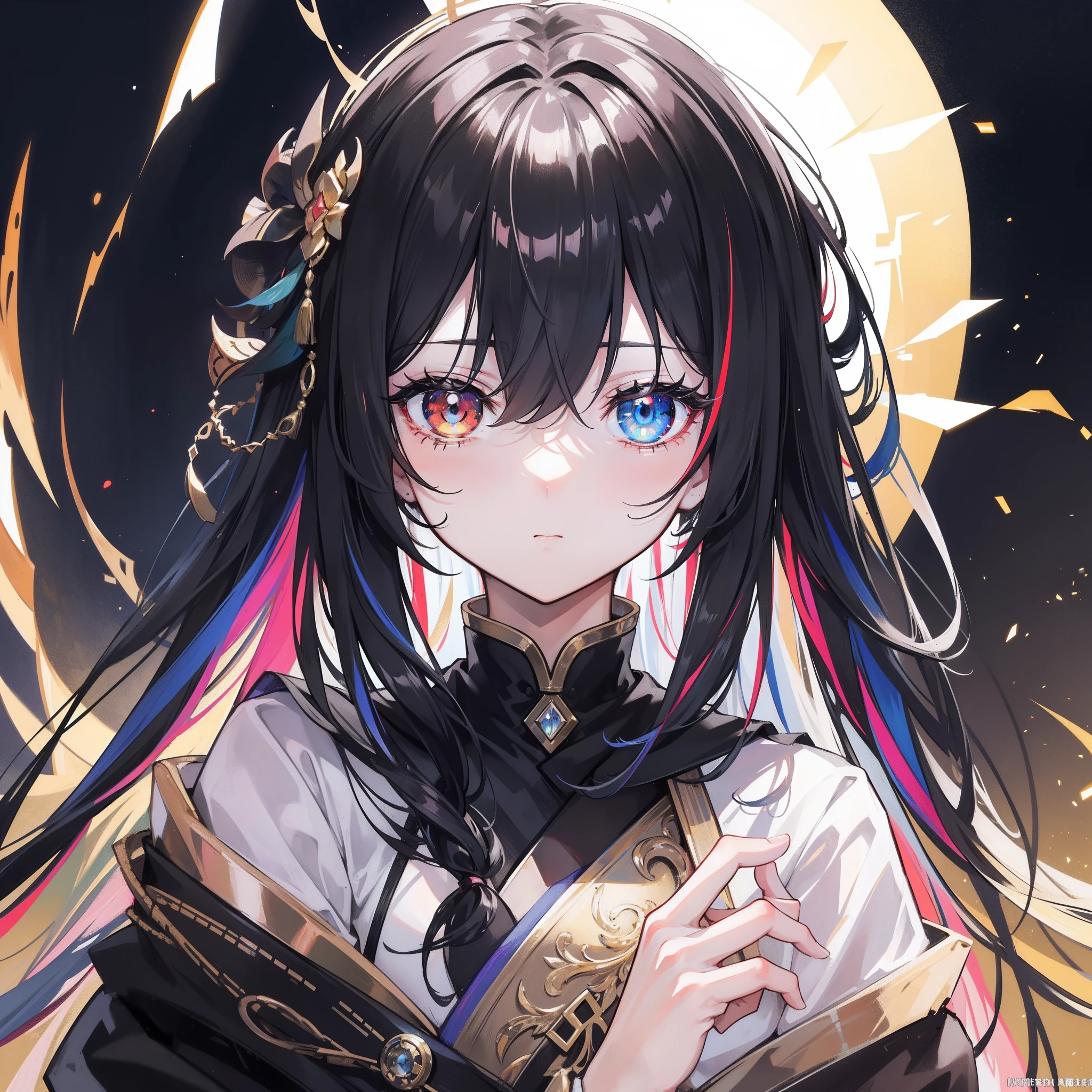 {{masterpiece}},电影灯光,lens flare glow,beatiful detailed eyes,black in color,multicolour hair,Colorful light,particulate,Heterochromia,(a color:1.5),(The color hair:1.5),