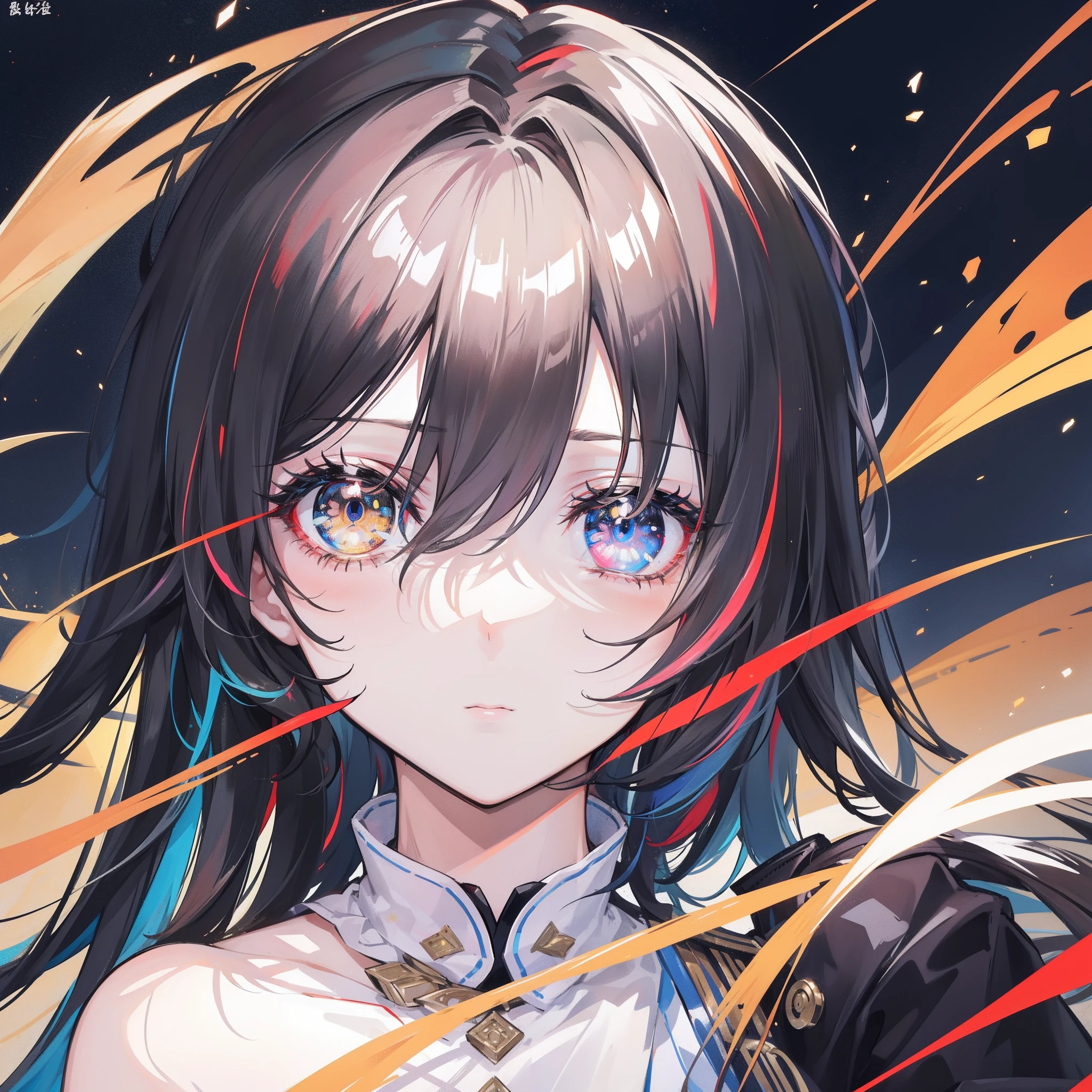 {{masterpiece}},电影灯光,lens flare glow,beatiful detailed eyes,black in color,multicolour hair,Colorful light,particulate,Heterochromia,(a color:1.5),(The color hair:1.5),