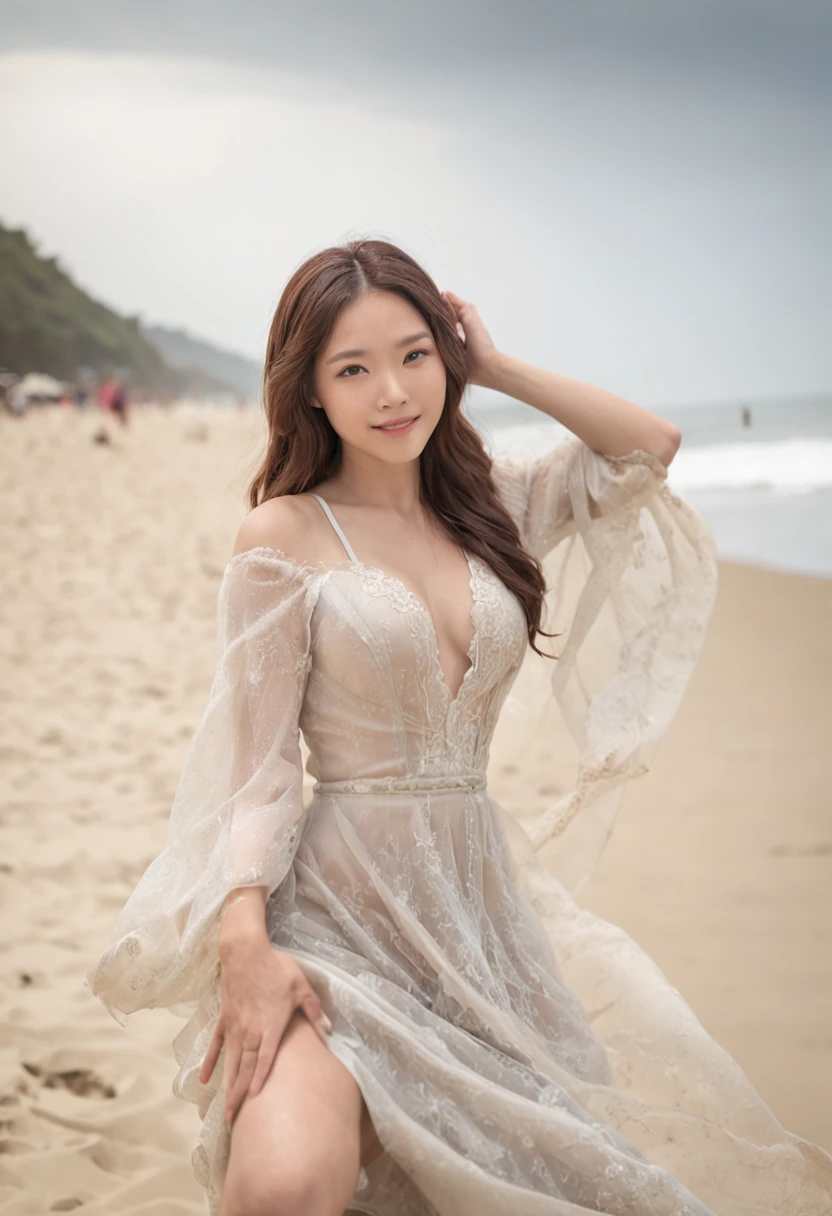 "((Highest quality)), ((masterpiece)), (detailed), Perfect Face, masterpiece, Best Quality, Illustration, Ultra-detailed, finely detail, high resolution, 8K Wallpaper, Perfect dynamic composition, Beautiful detailed eyes. A young woman with long, wavy brown hair is wearing a lace see-through sleeveless dress. She is kneeling on the sand, building a sandcastle with a joyful expression. The camera angle is from the side, capturing her profile and the intricate details of the sandcastle. The focal length is 24mm to emphasize the activity and include more of the beach in the frame."